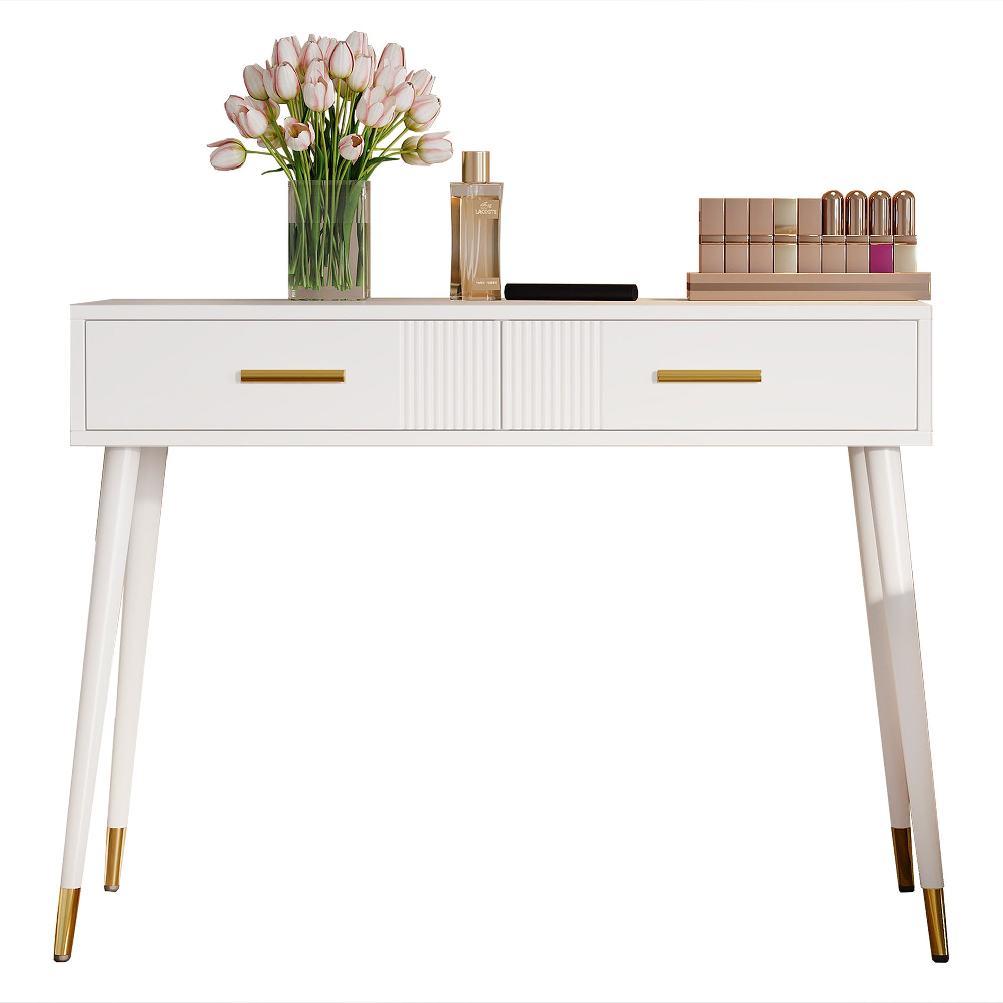 Table de Maquillage Blanc H. 76 x l. 40 x P. 100 cm, Coiffeuse Blanche avec 2 Tiroirs et Pieds Métal Dorés, Coiffeuse Moderne, pour chambre ou salon - 4