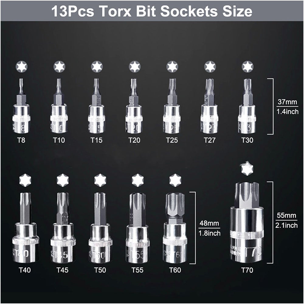 13pz Prese Torx Star Bit Maschio Unità Mista 1/4" 3/8" E 1/2" T8 - Foto 12