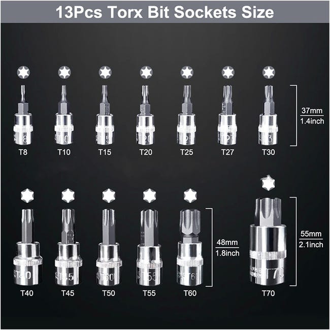 13pz Prese Torx Star Bit Maschio Unità Mista 1/4" 3/8" E 1/2" T8 - Foto 12