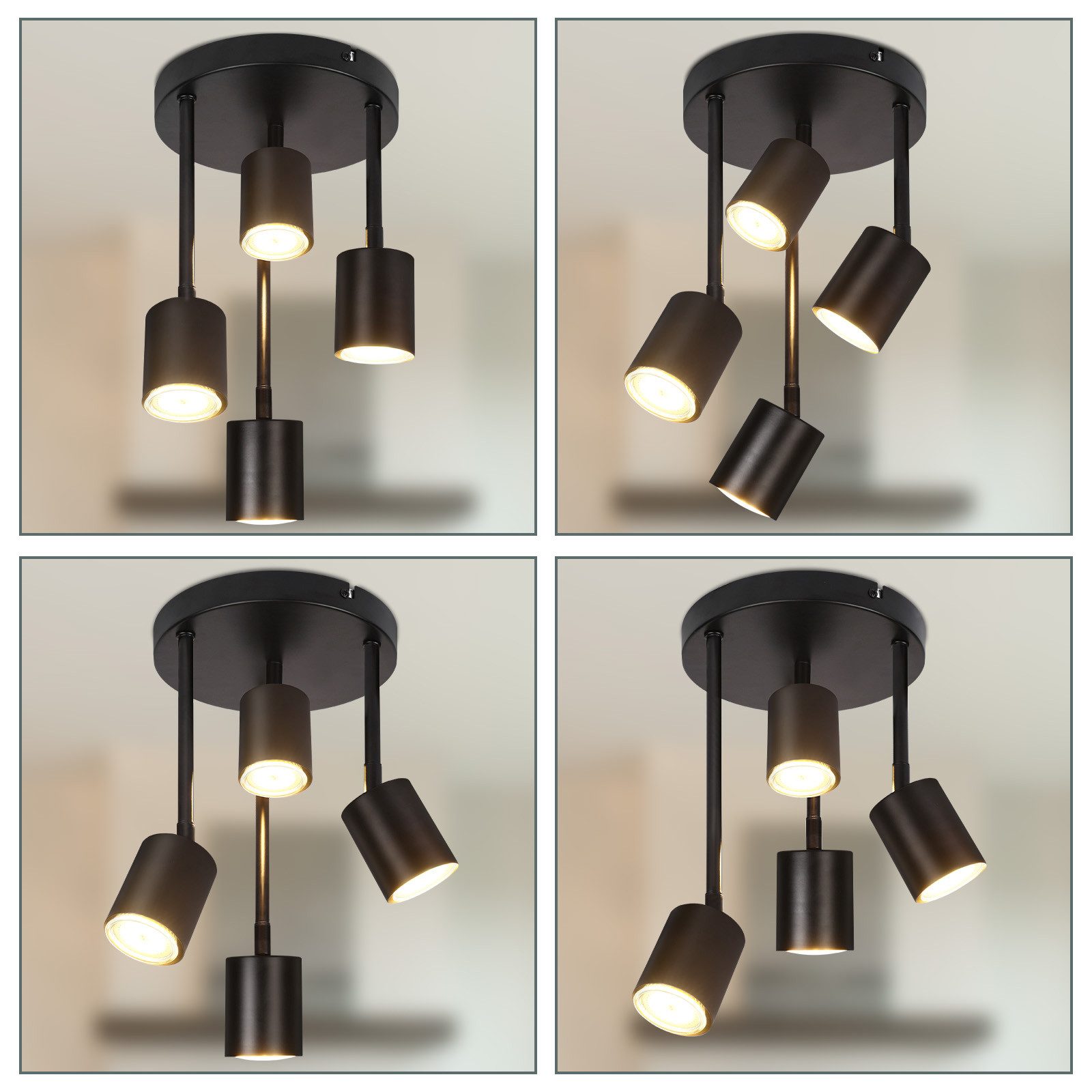ZMH Spot de plafond 4 ampoules plafonnier noir orientable LED GU10 lampe de cuisine 350° - 7