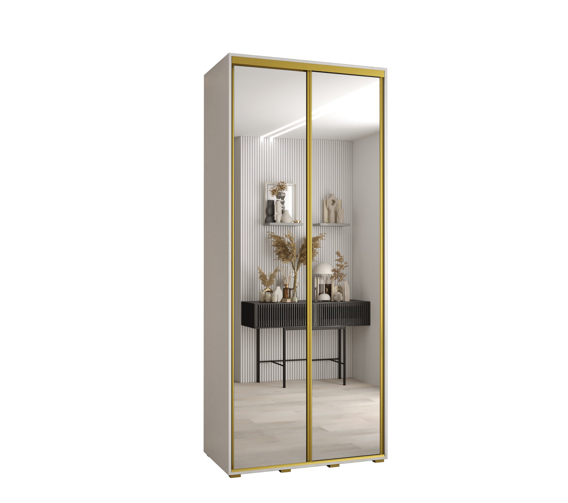 Szafa przesuwna z lustrem wysoka Davos 2 120 x 45 x 235,2 cm biały + biały + u. złoty - Abiks Meble