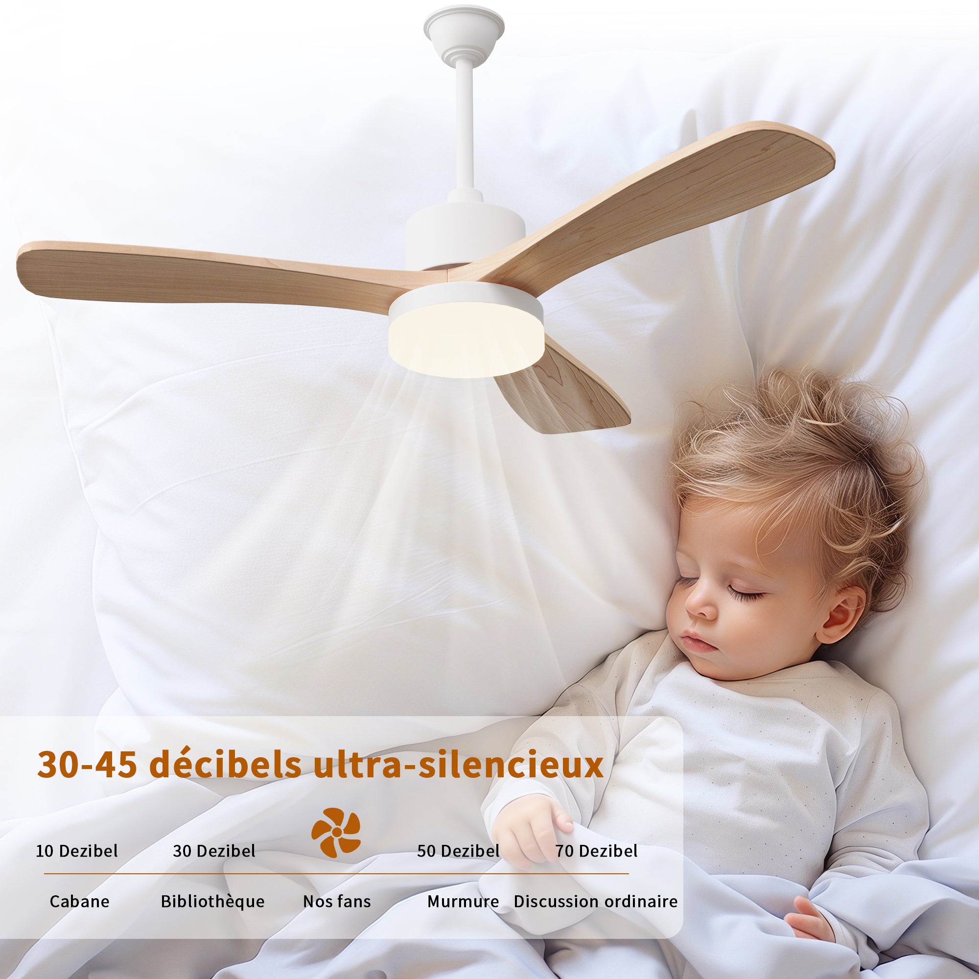 Ventilateur de plafond 2-en-1 couleur bois naturel avec éclairage LED (modèle à 3 pales de 42 pouces en bois massif), L106.6cm - 5