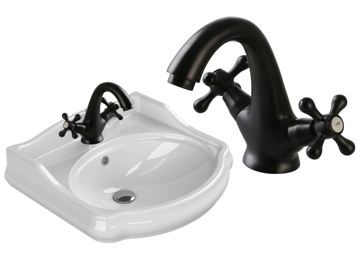 Umywalka 60x54 cm retro ceramiczna, biała, z baterią retro czarna