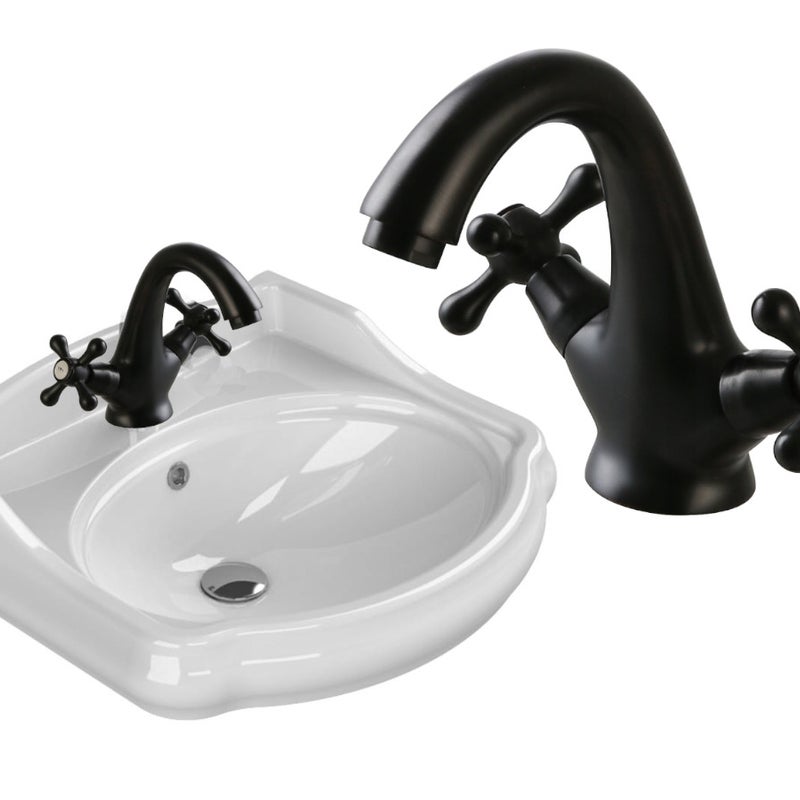 Umywalka 60x54 cm retro ceramiczna, biała, z baterią retro czarna