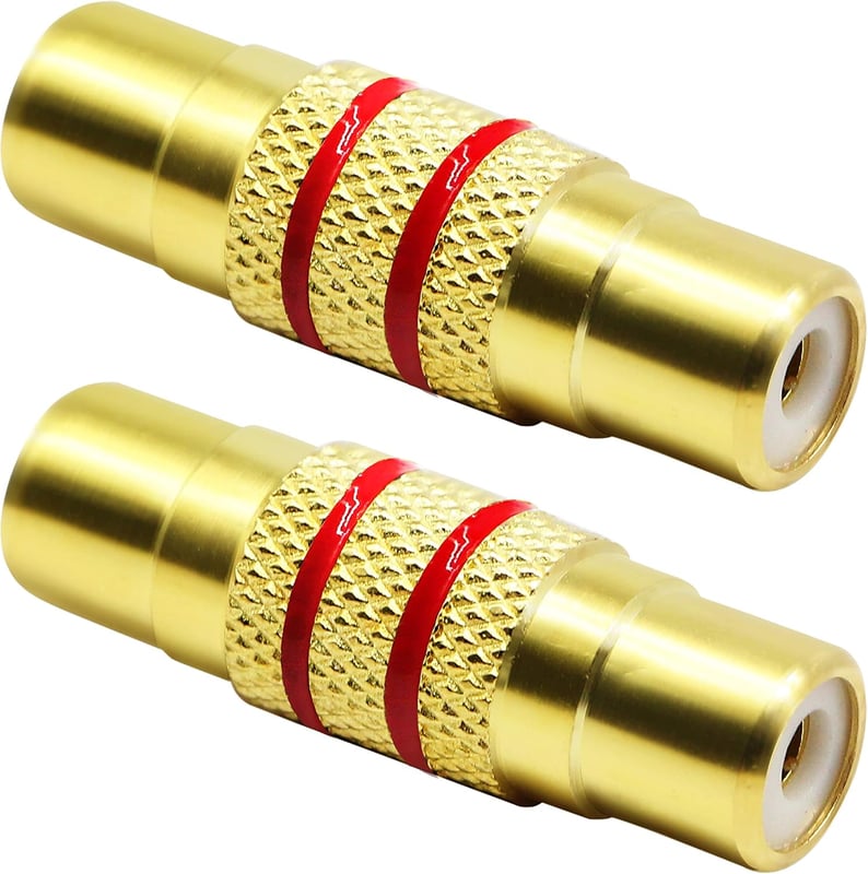 2 sztuki adapterów audio-wideo RCA żeńskie do RCA żeńskie, metal pozłacany (czerwone kółko, 1 RCA, złoty)