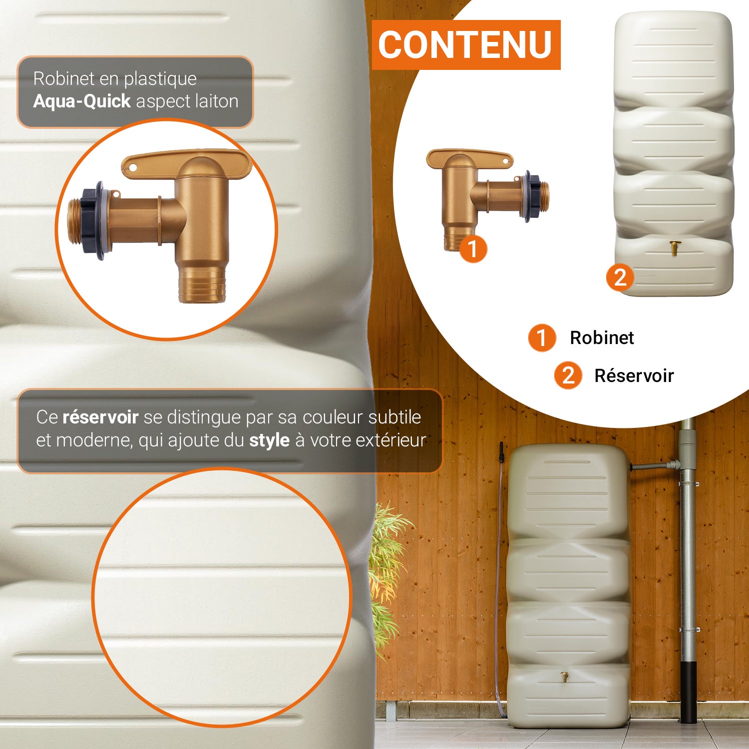 GARANTIA CUBUS Kit 1000 L, sable avec Robinet PE imitation Laiton - 4