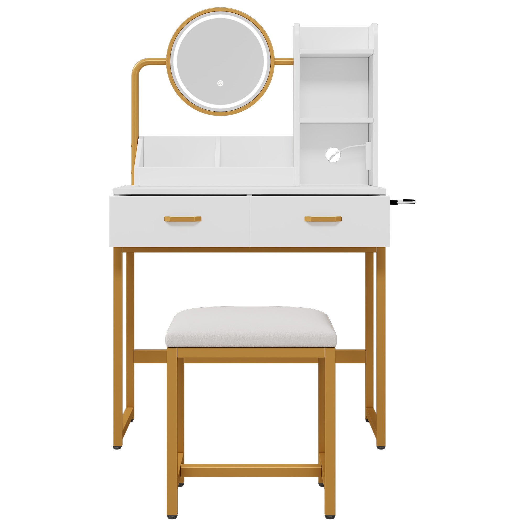 Coiffeuse moderne avec miroir pivotant, 2 tiroirs et tabouret - 80 x 40 x 138.5 cm - Panneaux de particules - Prises électriques - Blanc - 6