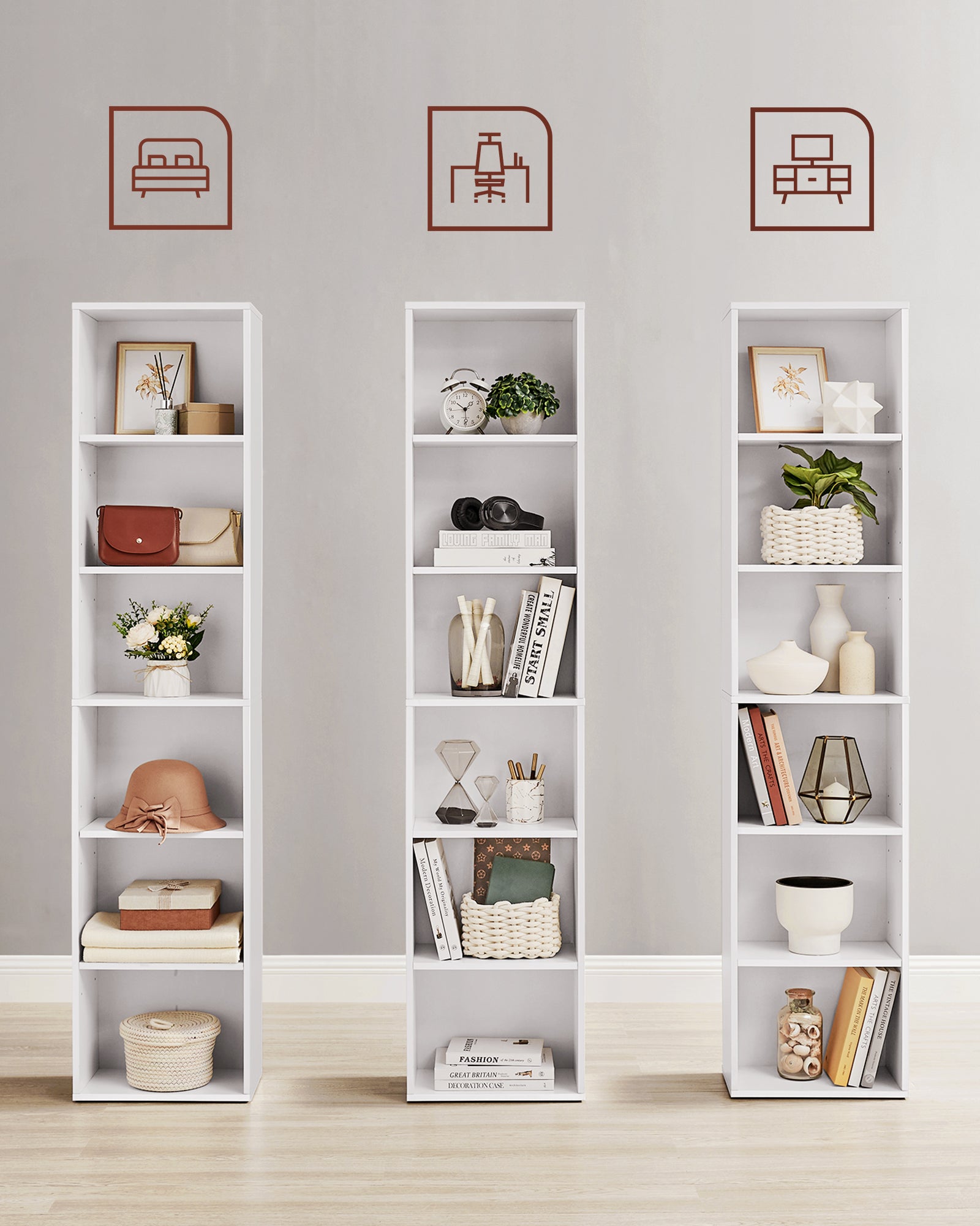 Estantería escandinava de 6 niveles en blanco, ideal para salón, estudio, oficina y dormitorio, diseño moderno y funcional, 40x24x178,5 cm - 6