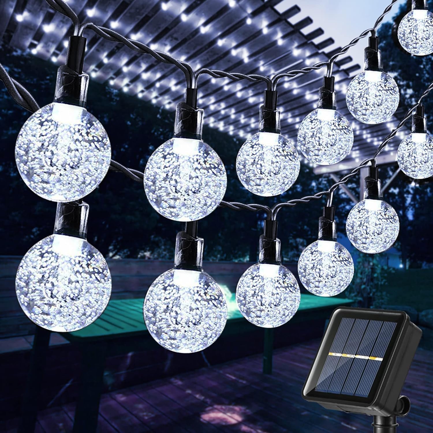 Solarna girlanda świetlna, 60 szklanych kulek LED, 8 trybów, solarna girlanda świetlna 11M, światło białe, odpowiednia na taras w ogrodzie