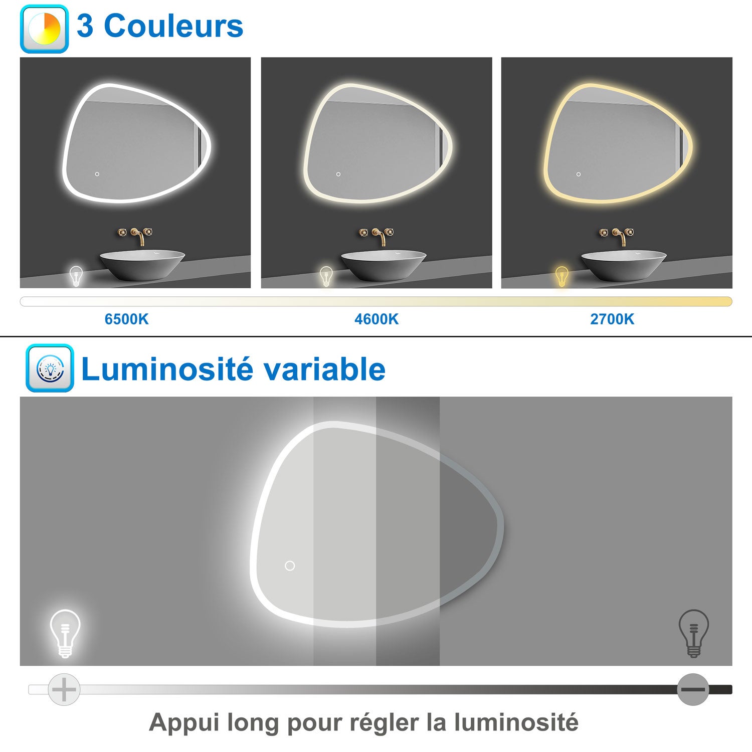 AICA LED Miroir lumineux 100 x 80cm avec anti-buée + 3 Couleurs + dimmable + mémoire, Miroir salle de bain - 3