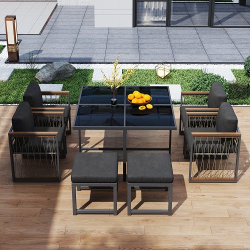 Conjunto de jardín 7 piezas - Mesa de vidrio templado + 4 sillas + 2 reposapiés - Ratán sintético y acero galvanizado - 2