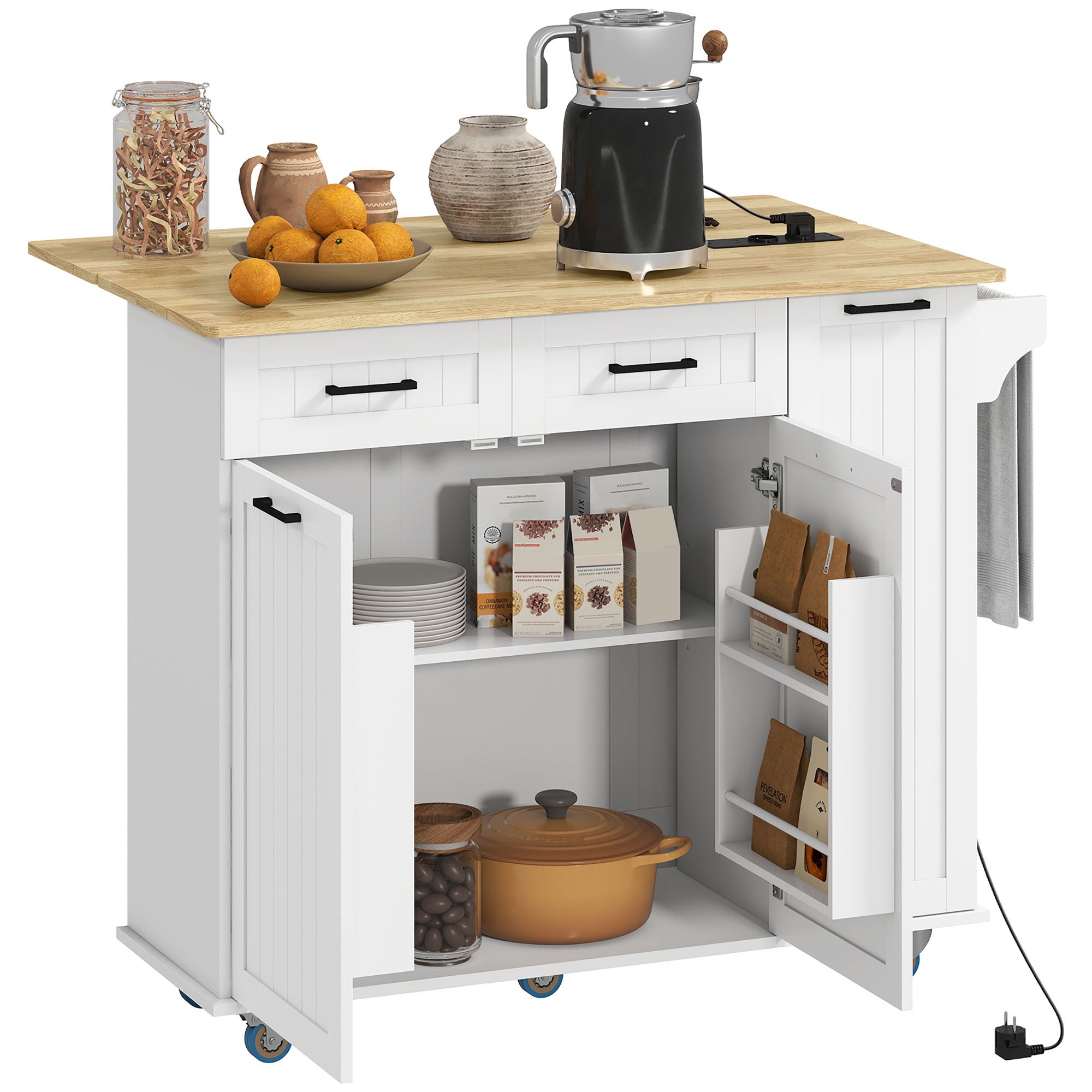 Isla de cocina con ruedas toma de corriente usb tablero plegable 2 cajones especiero y toallero 119,5x74x94,5 cm blanco