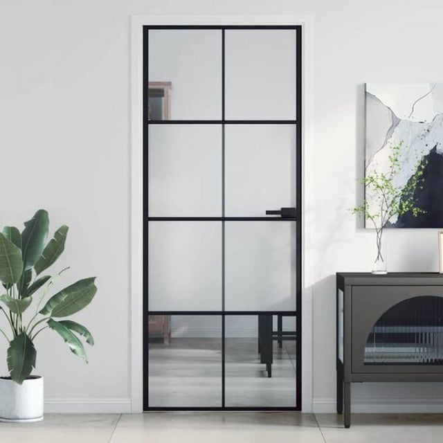 Porta interior 83x201,5 cm em vidro temperado e alumínio fino para espaços iluminados, design moderno e durável