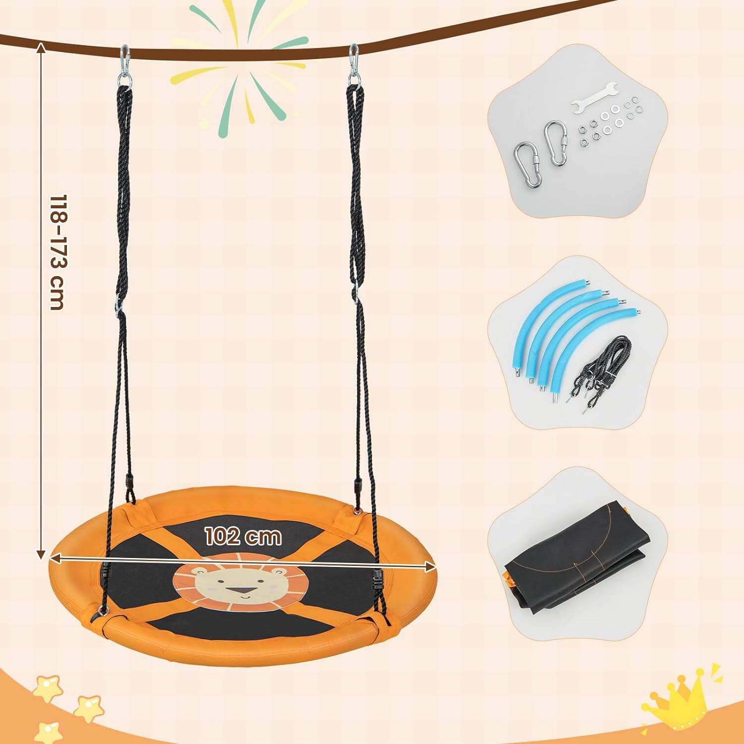 Altalena a Cerchio da 102 cm, Altalena a Nido con Corde Regolabili e Moschettoni, Tessuto Oxford Impermeabile, Altalena Rotonda da Esterno con - 3