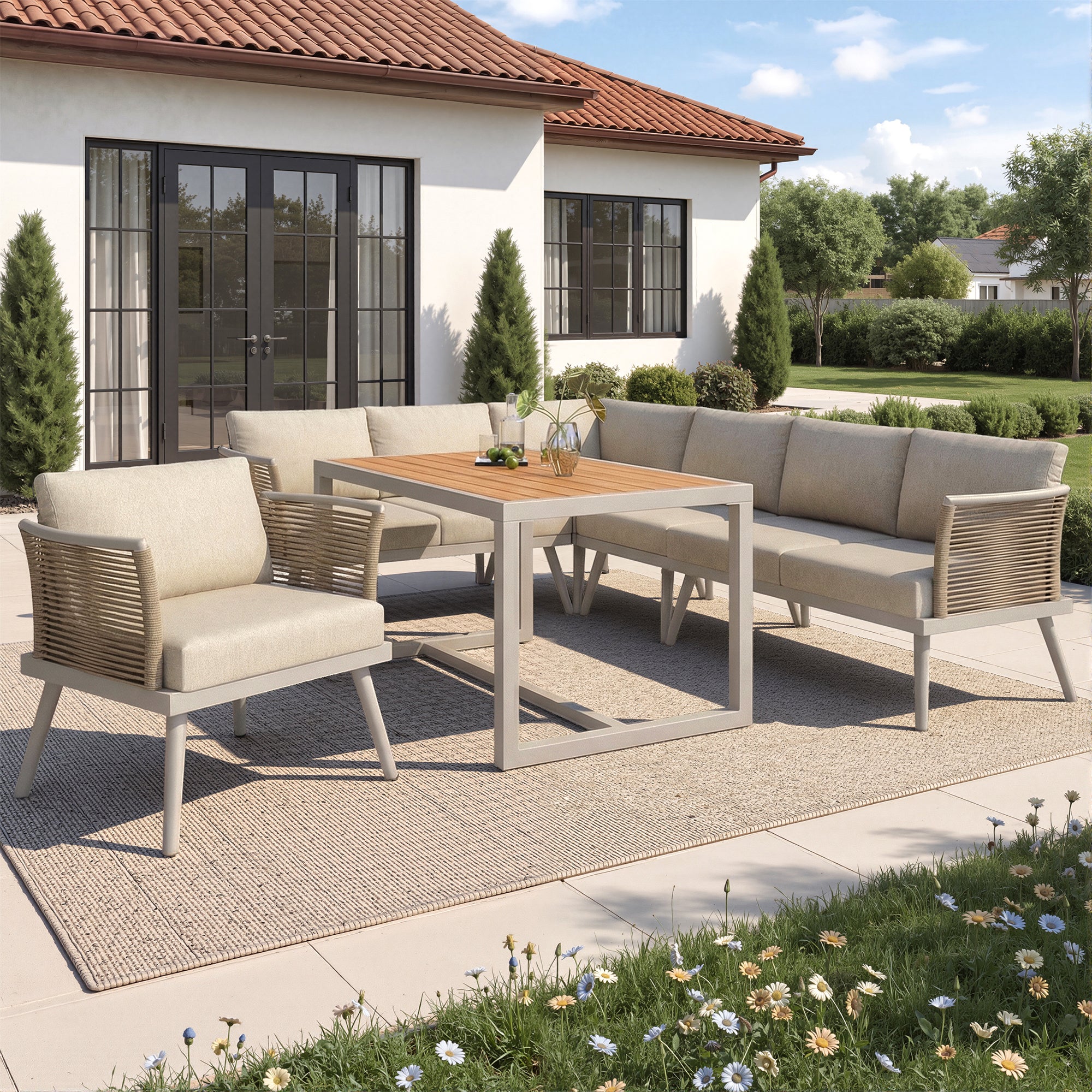 Ensemble de canapé de jardin 7 places,Canapé d'angle extérieur en forme de L avec coussin,main courante tressée,Ensemble de jardin imperméable,Beige - 6