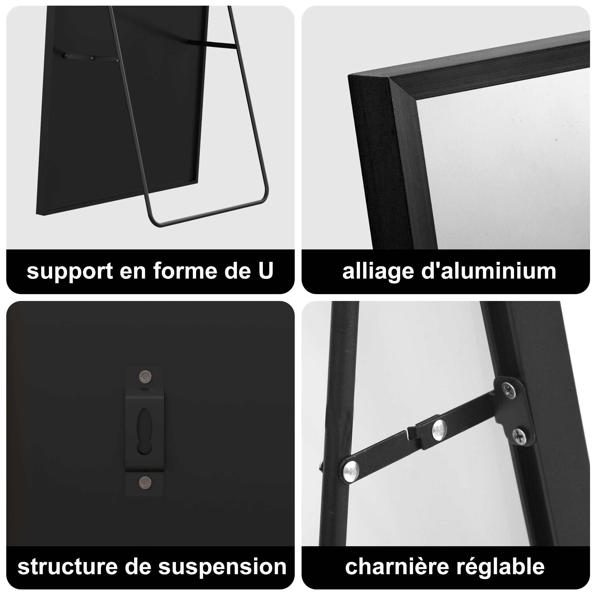 Miroir sur pied Rectangulaire 164 x 54cm, Grand Miroir Intégral avec Cadre en Alliage d’aluminium pour Chambre, Salon, À suspendre ou s'appuyer, Noir - 6