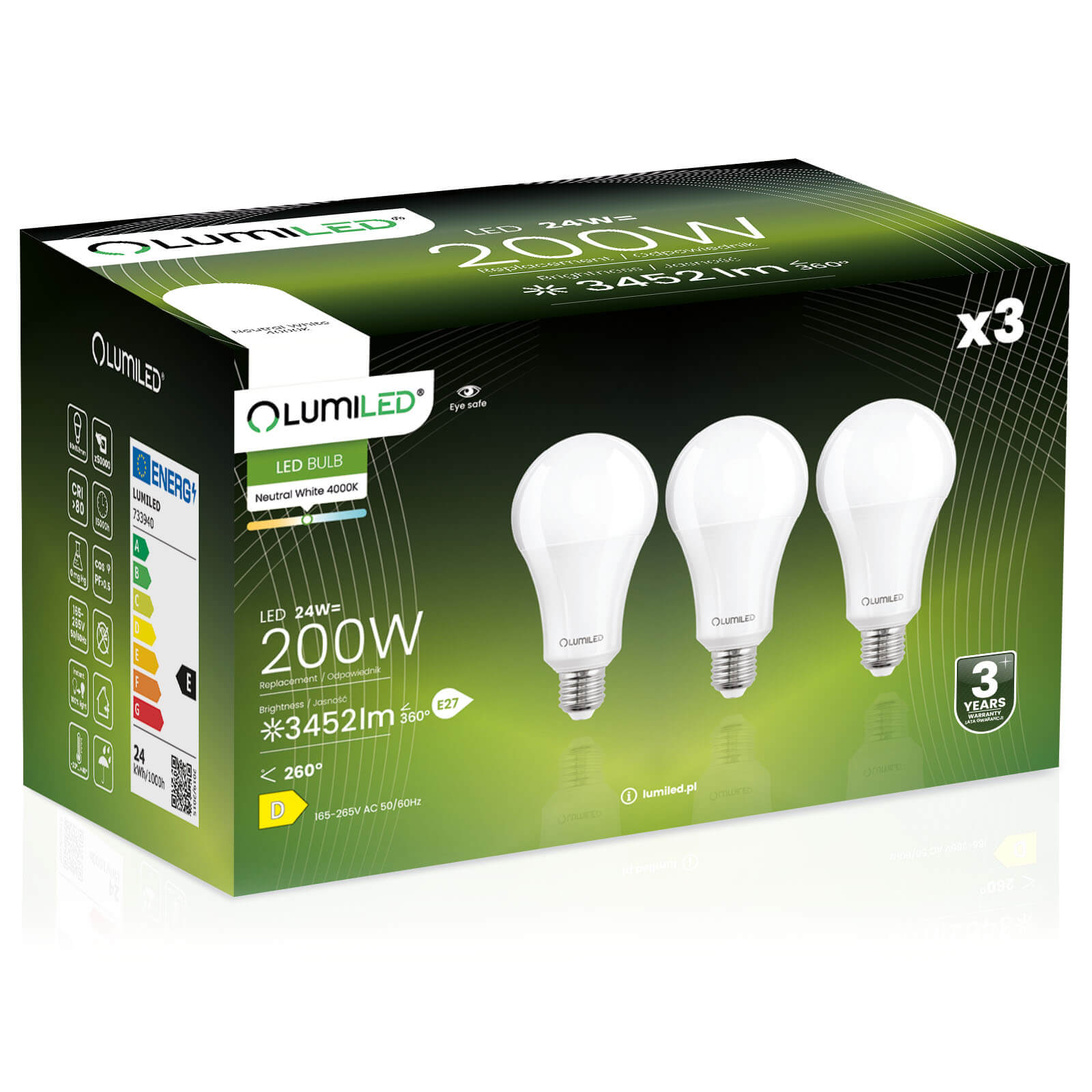Żarówka LED Lumiled E27 A60 24W 3452lm 4000K Neutralna biel 260st 3 szt.