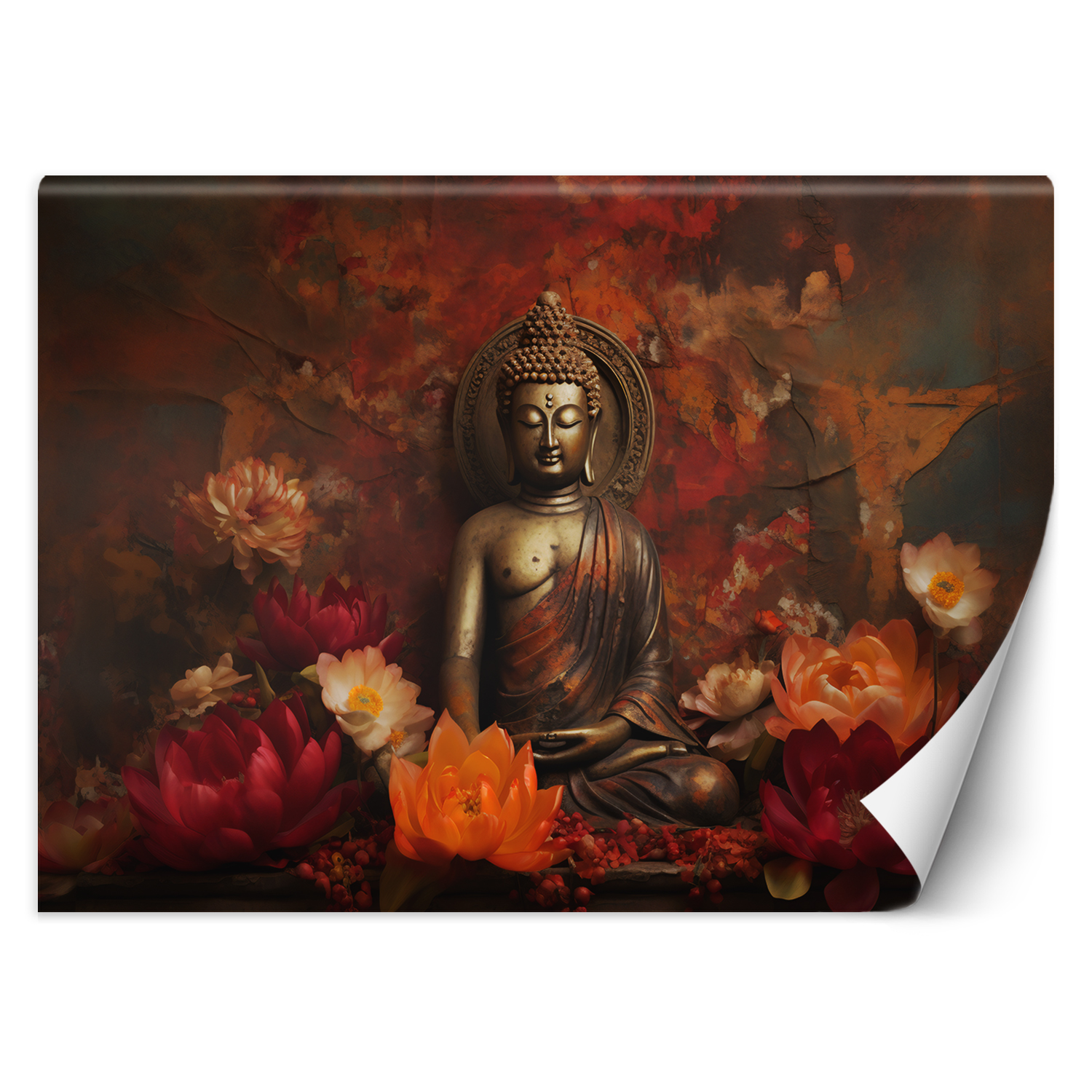 Fototapeta, Medytujący Budda i kolorowe kwiaty 250x175