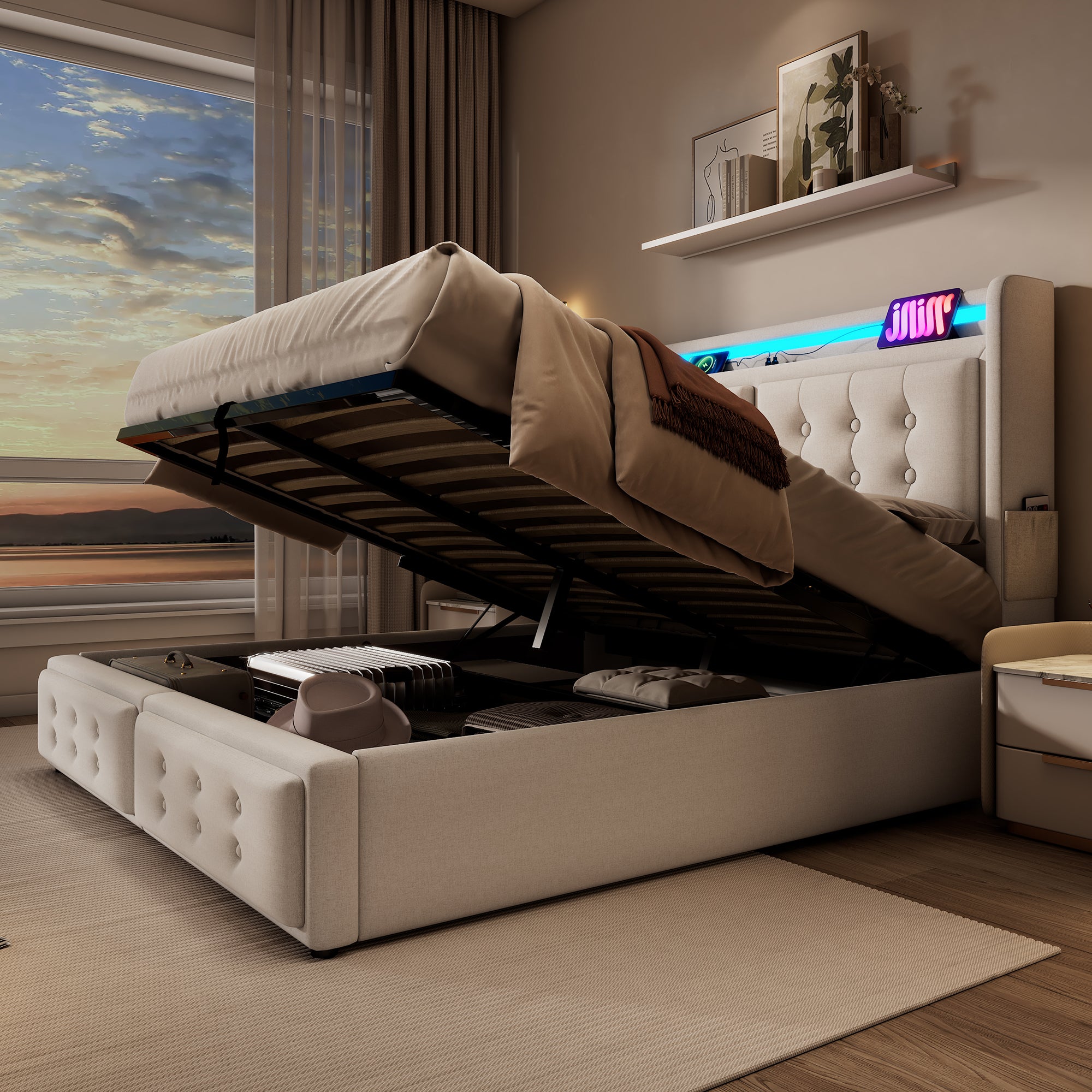 Cama contenedor 140 x 200 cm con cabecero LED, toma USB tipo C - Tejido de algodón - Beige (sin colchón) - 6