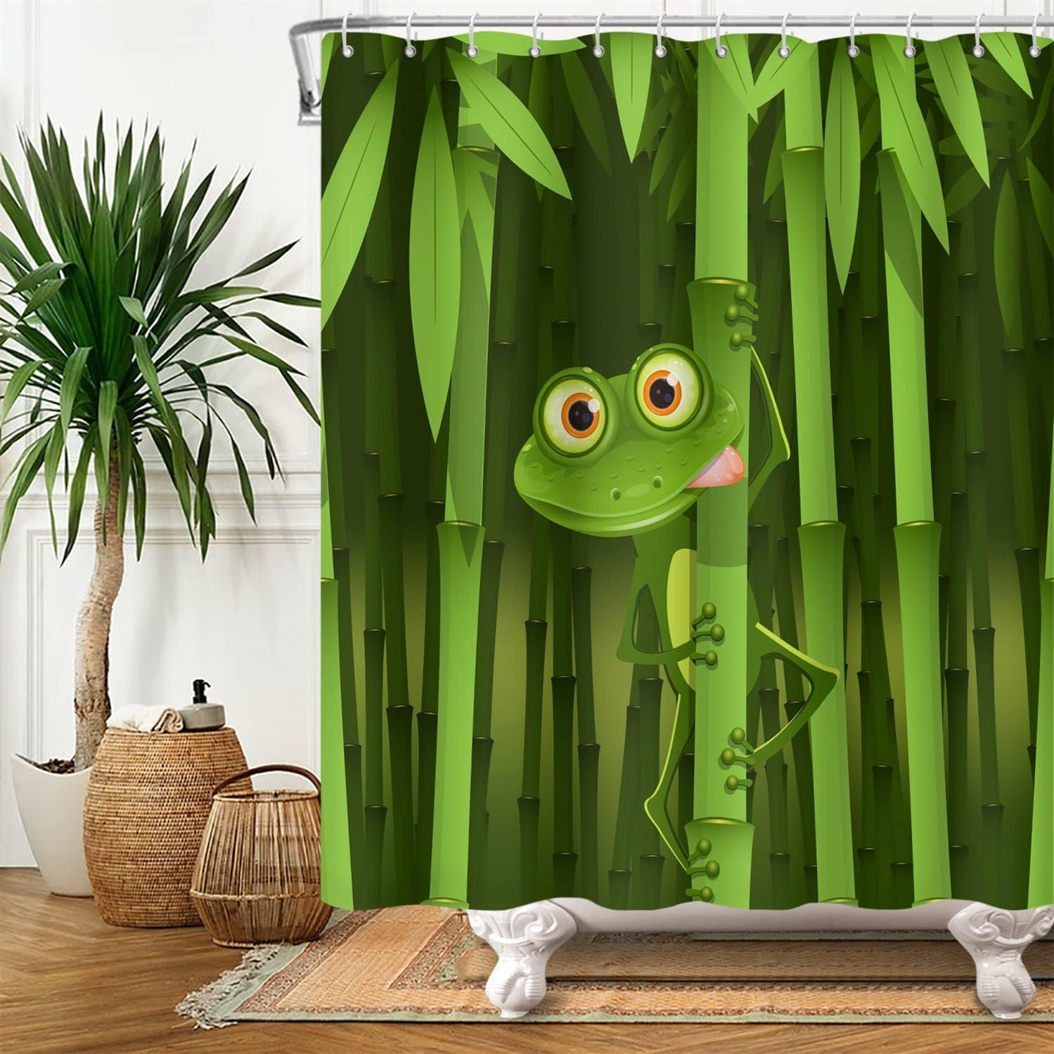 Zasłona prysznicowa Mignon Grenouille z zabawną żabą bambusem abstrakcyjnym zwierzęciem z kreskówki liśćmi drzew i zieloną zasłoną wanny dla dzieci