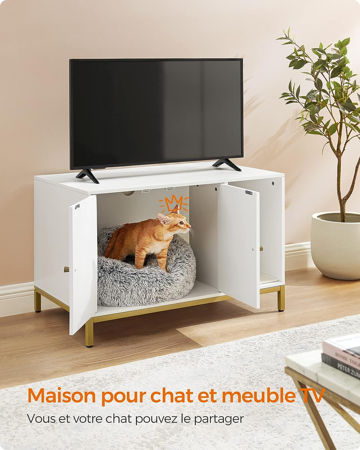 Maison de Toilettes pour Chat, Cache-litière, avec Tapis à Griffer, Pieds Hauts, Table d’Appoint, 80 x 50 x 55 cm, Blanc et Doré - 3
