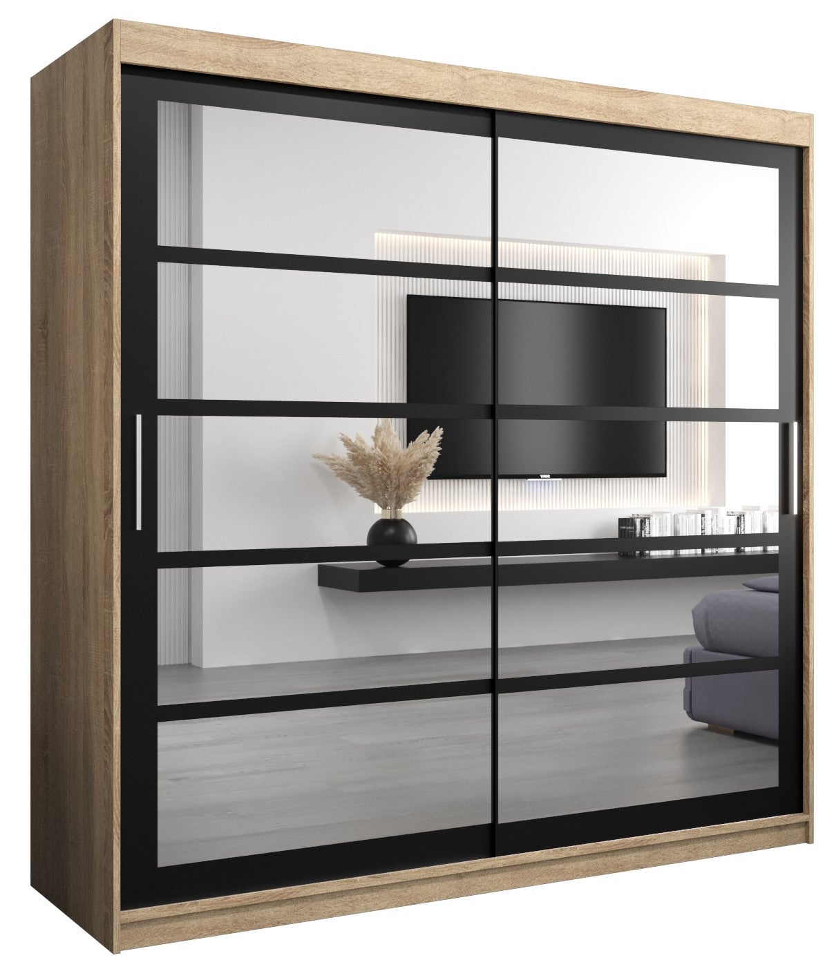 Szafa przesuwna garderoba ROMA 2 200 x 62 x 200 cm Sonoma + Czarny - Abiks Meble