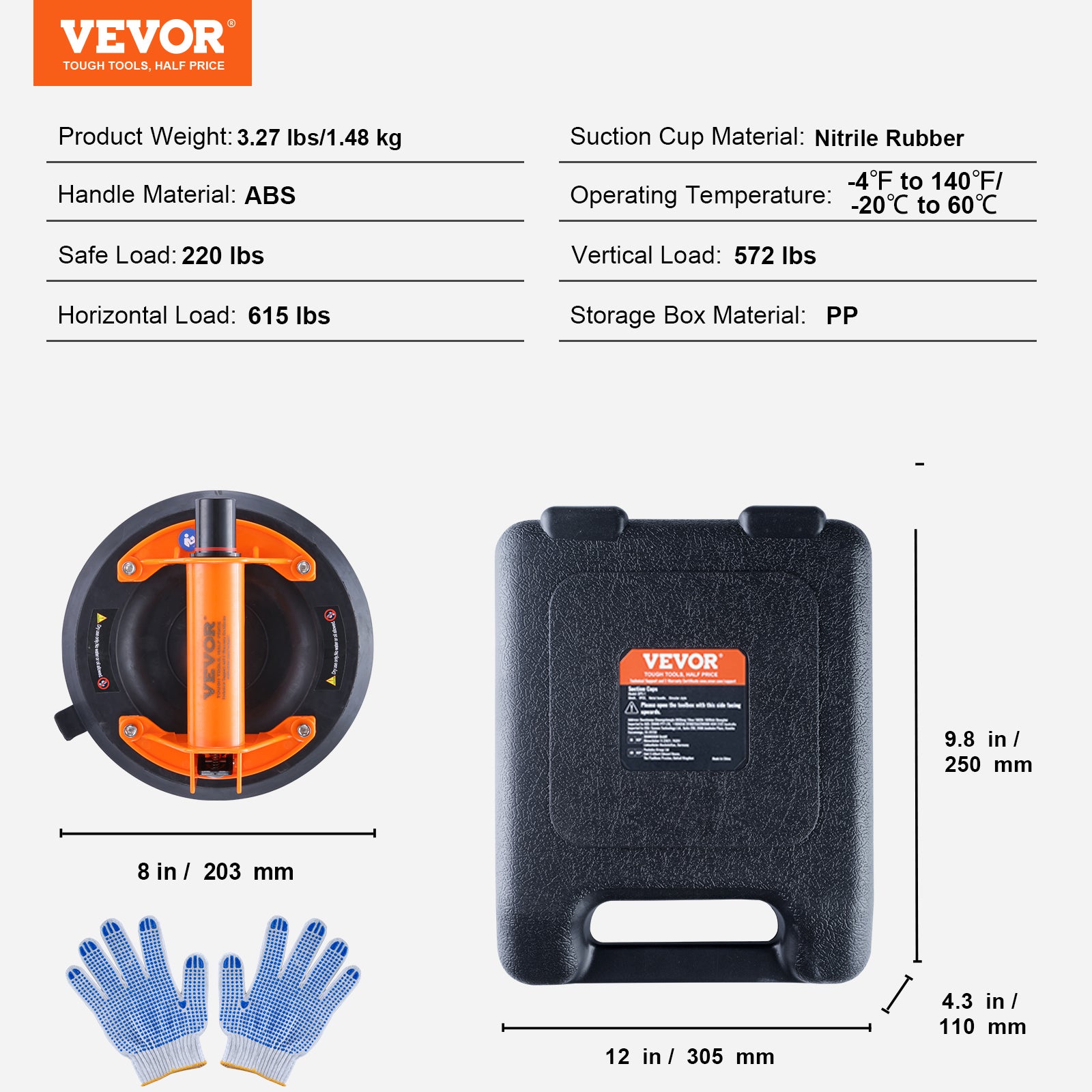 Ventouse de Carrelage VEVOR 203 mm Ventouse de Vitre Charge 278 kg avec Poignée ABS Boîte de Transport PP Paire de Gants Ventouse de Levage Industriel - 7