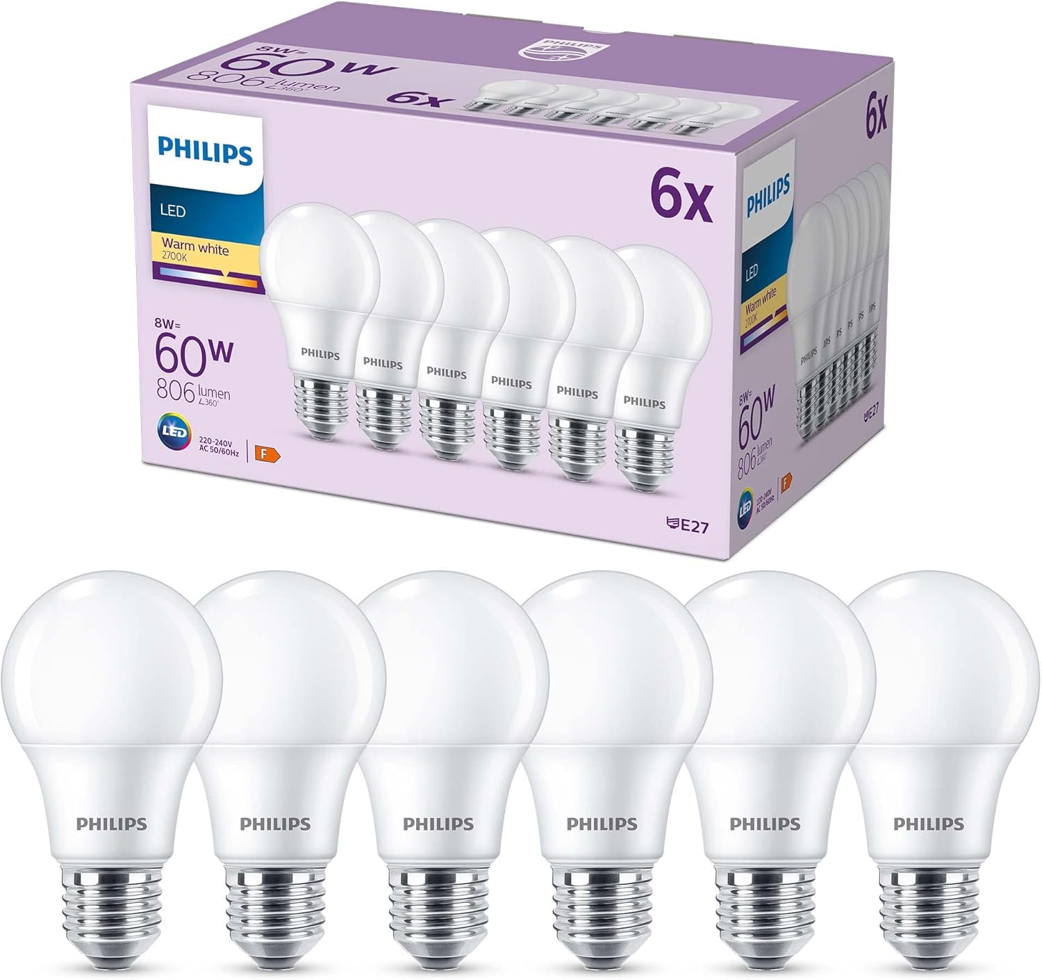 Pachet LATIO de 6 becuri LED E27, 60W, alb cald