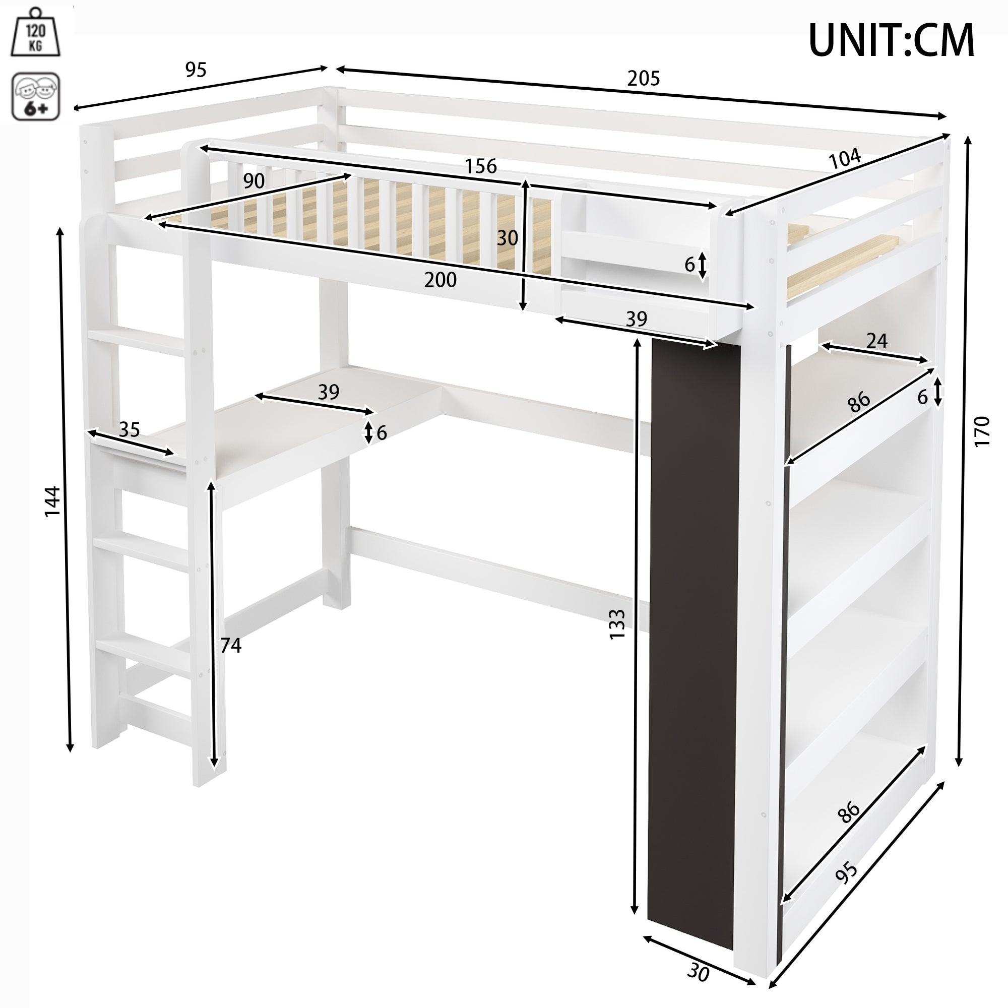 Lit mezzanine enfant avec bureau et rangements,Lit multifonction avec tableau noir + étagère + éclairage LED,sommier en pin, 90x200 cm - blanc - 6