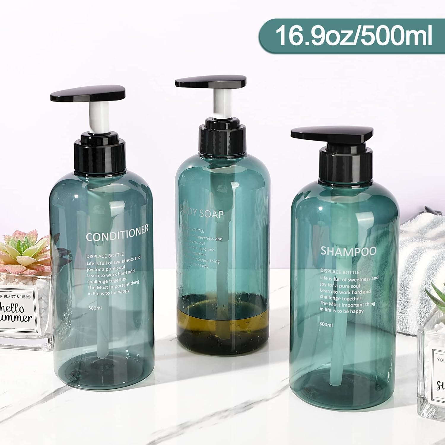 3 Dispenser Shampoo E Bagnoschiuma Da 300 Ml – Plastica PET Con Pompa Bloccabile – Set Con 12 Etichette Impermeabili