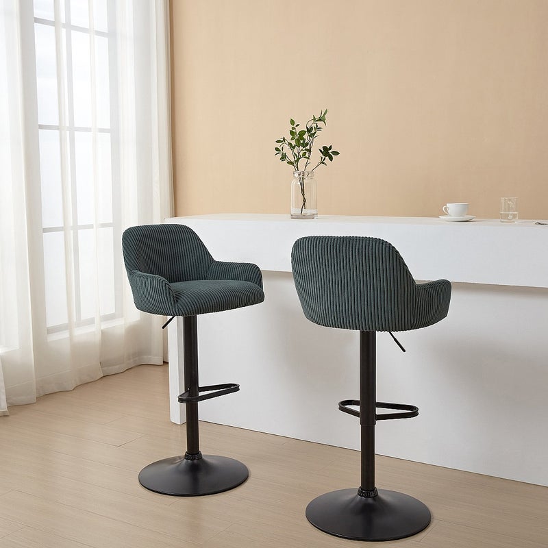 Zestaw 2 stołków barowych ze sztruksu i czarnego metalu - Regulowana wysokość - Zielony - LILIYA