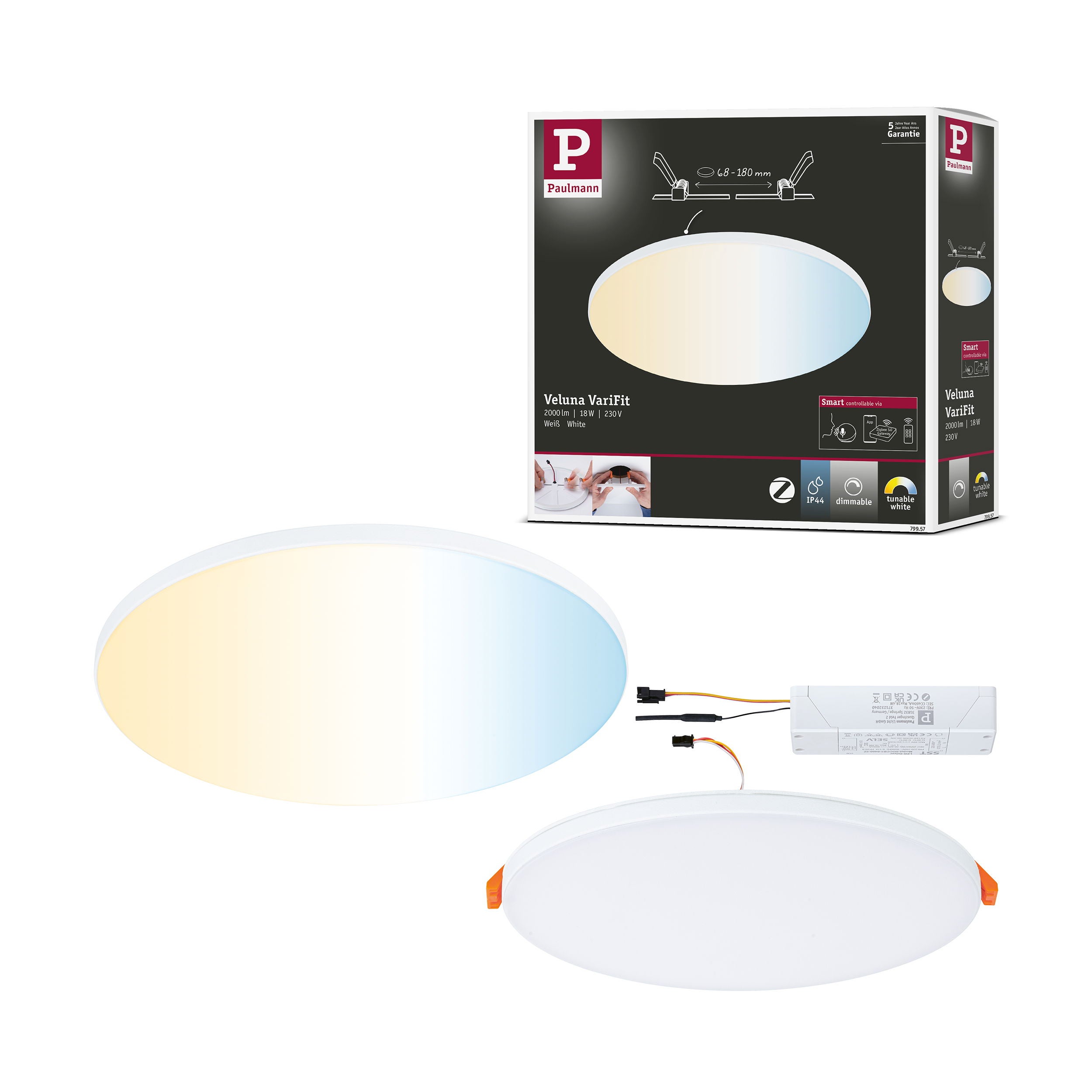 Panneau LED Encastrable Paulmann Veluna VariFit Edge - Rond 90 Mm, Gradable, 4000K Blanc Neutre - Pour Plafond, Faux-plafond - 9