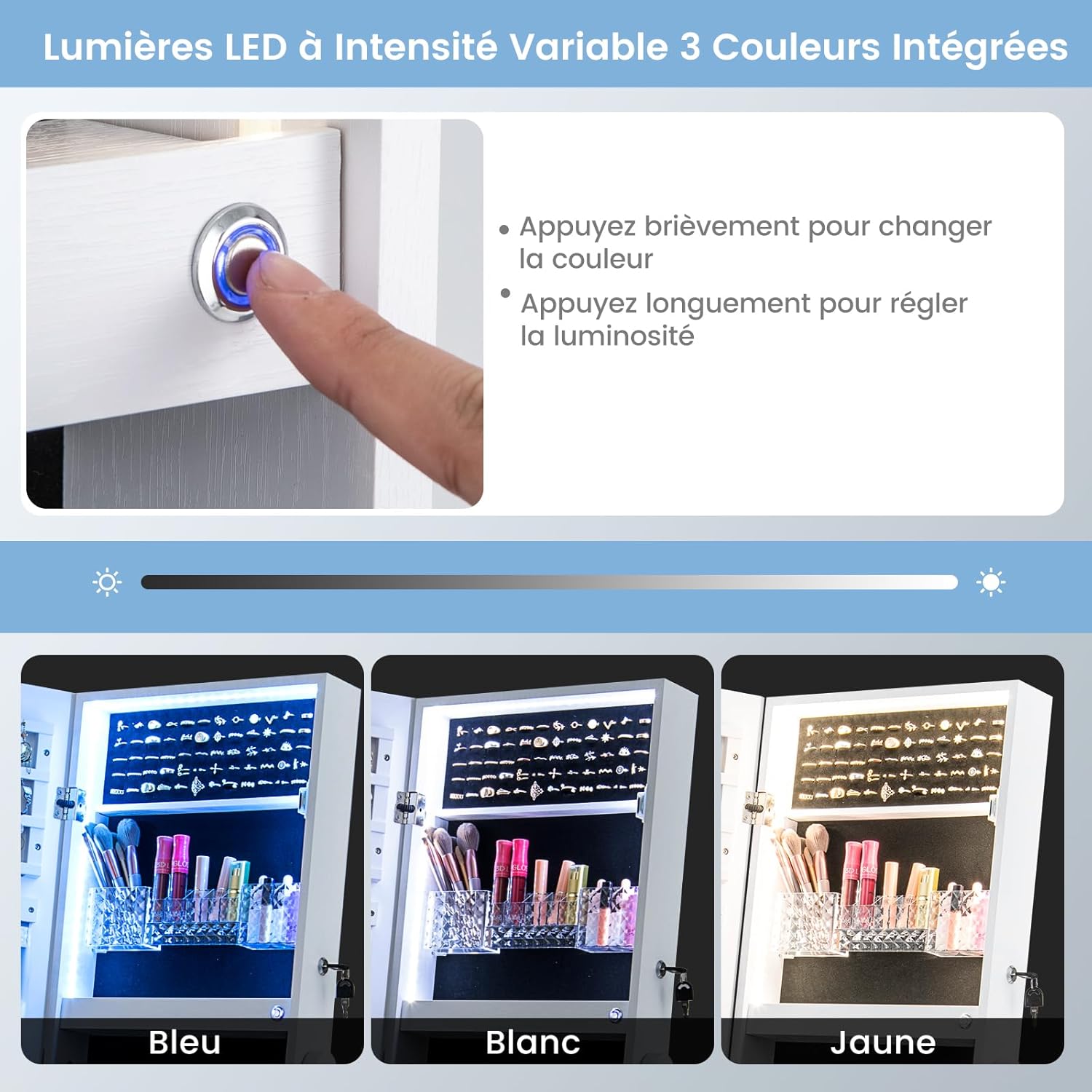 Armoire à Bijoux avec Miroir, Armoire de Rangement sur Pied pour Boucles d'Oreilles, Organisateur de Bijoux Verrouillable avec Lumières(Blanc) - 5