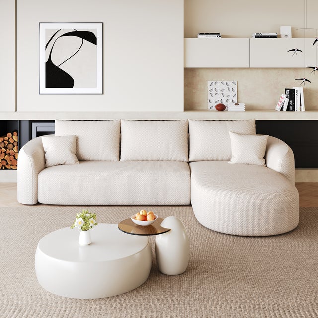 Canapé d’angle modulable en L 4 places 266x168x85 cm, compressé sans armature ni montage, garnissage mousse, chenille, Blanc
