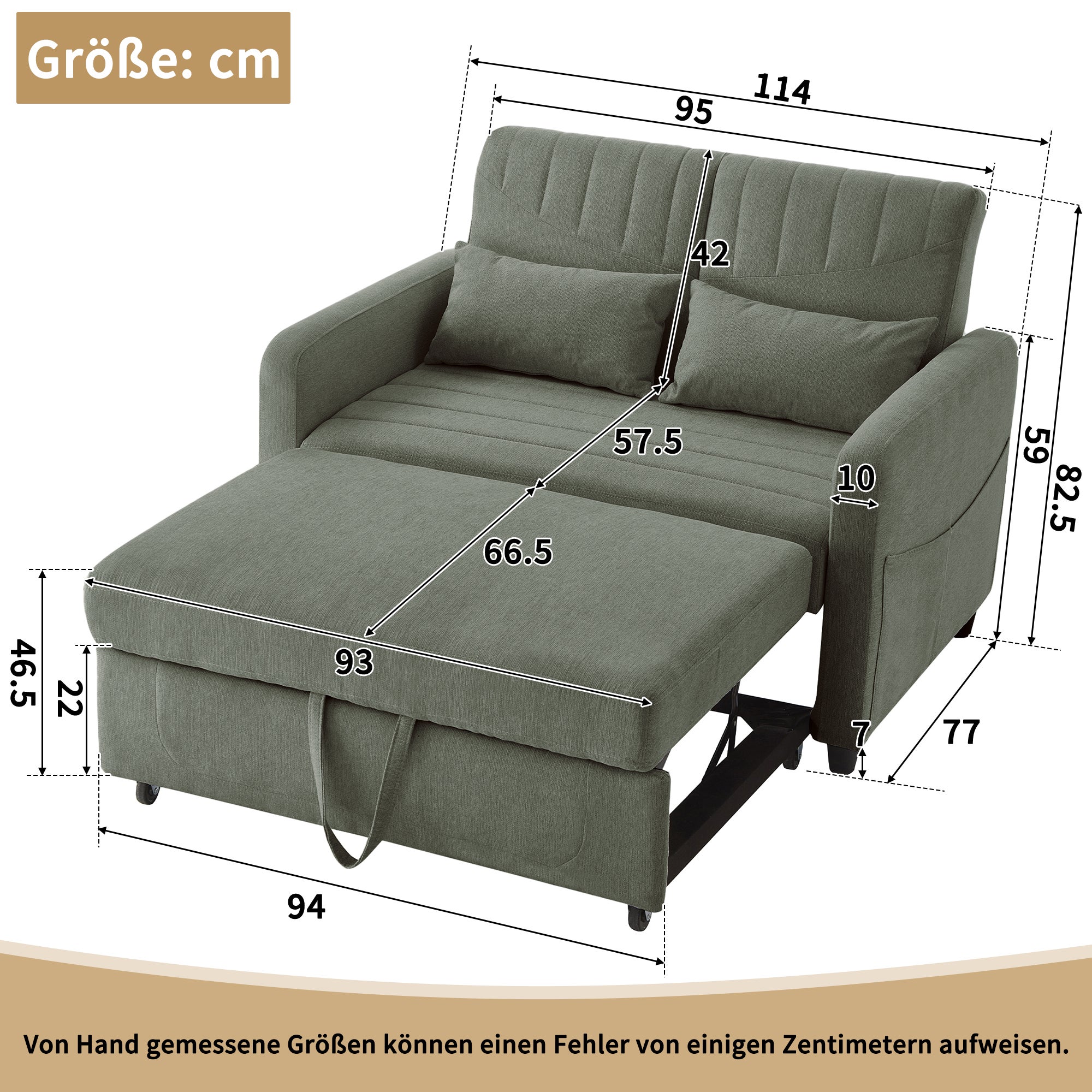 Sofa rozkładana 2-osobowa z 3-stopniową regulacją oparcia - 114 x 77 x 82,5 cm - Tkanina bawełniano-lniana - Zielony - 6