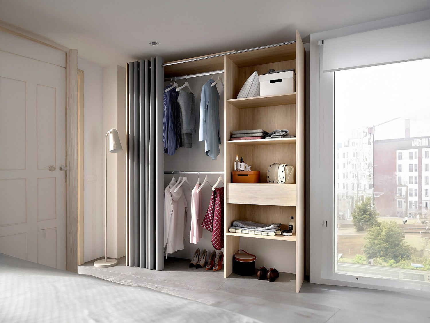 Dressing extensible avec rideau + 1 tiroir - Decor chene naturel - L 160-113 x P 50 x H 205 cm - SUIT - 6