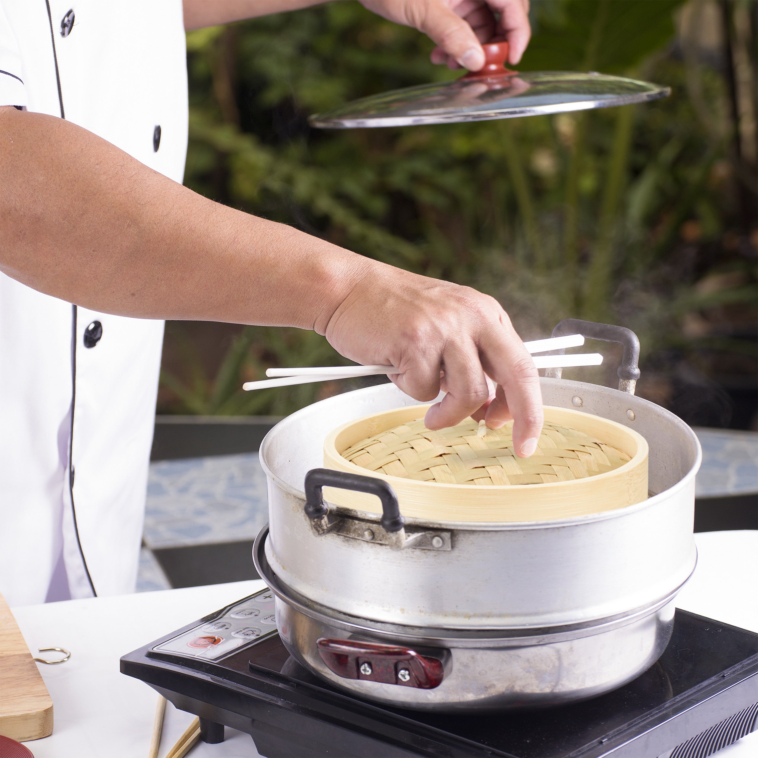 Vaporiera In Bambù Naturale - 3 Pezzi Con 2 Cestelli Per Riso, Dim Sum E Verdure (24cm) - Foto 9