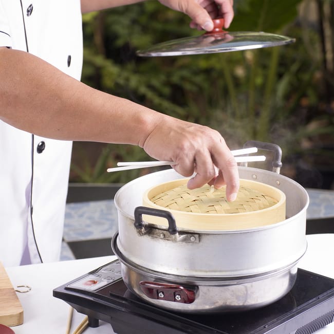 Vaporiera In Bambù Naturale - 3 Pezzi Con 2 Cestelli Per Riso, Dim Sum E Verdure (24cm) - Foto 9