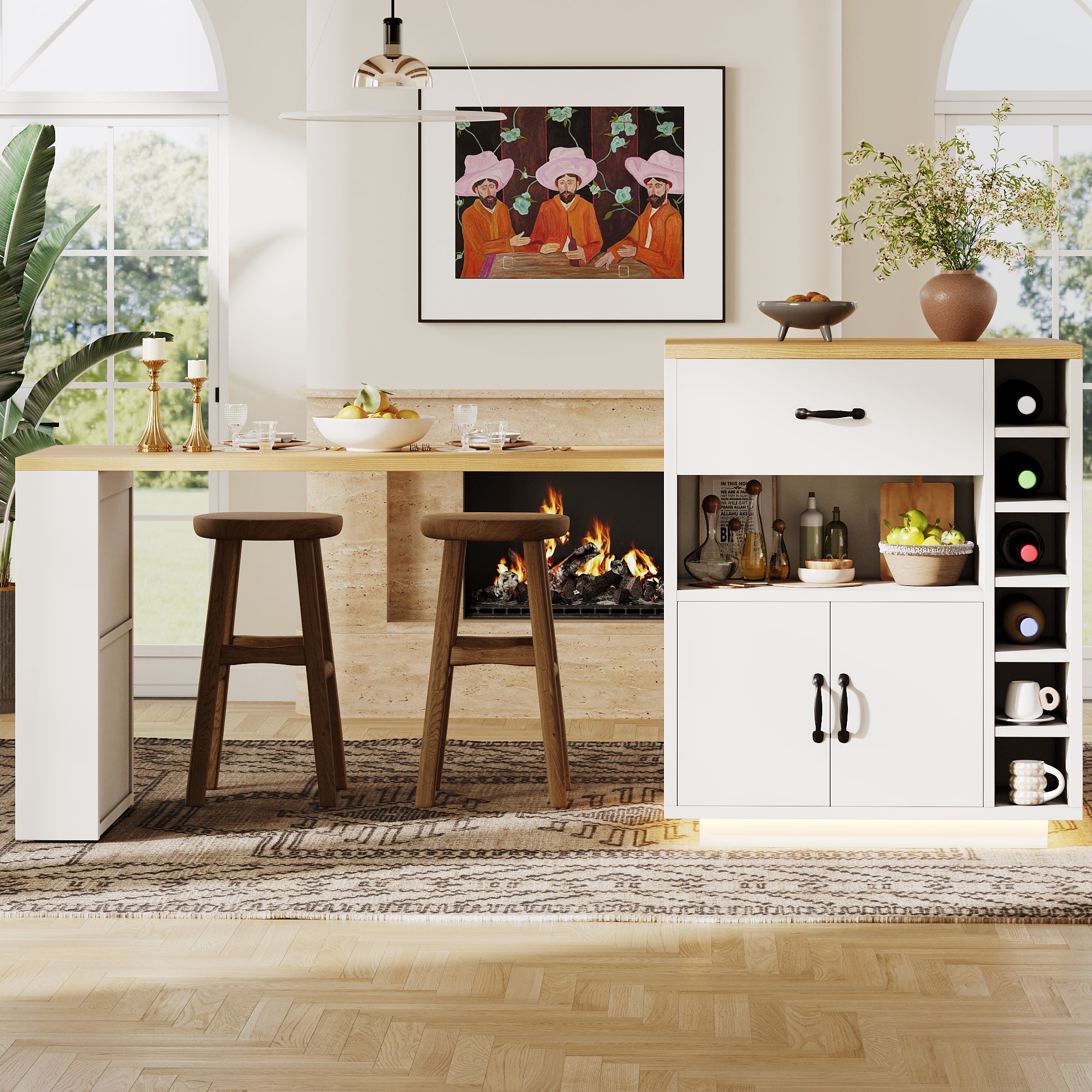 Îlot de cuisine avec lumière LED,Bar de cuisine moderne avec 2 tiroirs et 4 portes,Îlot de cuisine fixe avec table à manger gigogne,Blanc - 8