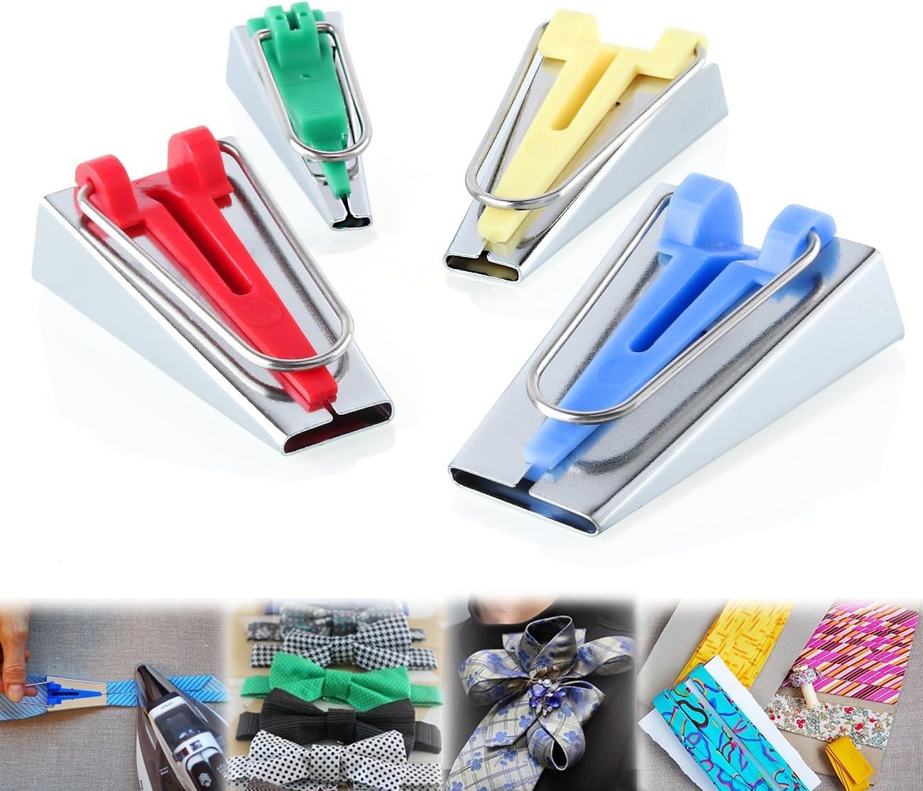 Zestaw czterech pasków skośnych/materiałowych o różnych rozmiarach i szerokościach odpowiednio 6 mm, 12 mm, 18 mm i 25 mm, do szycia