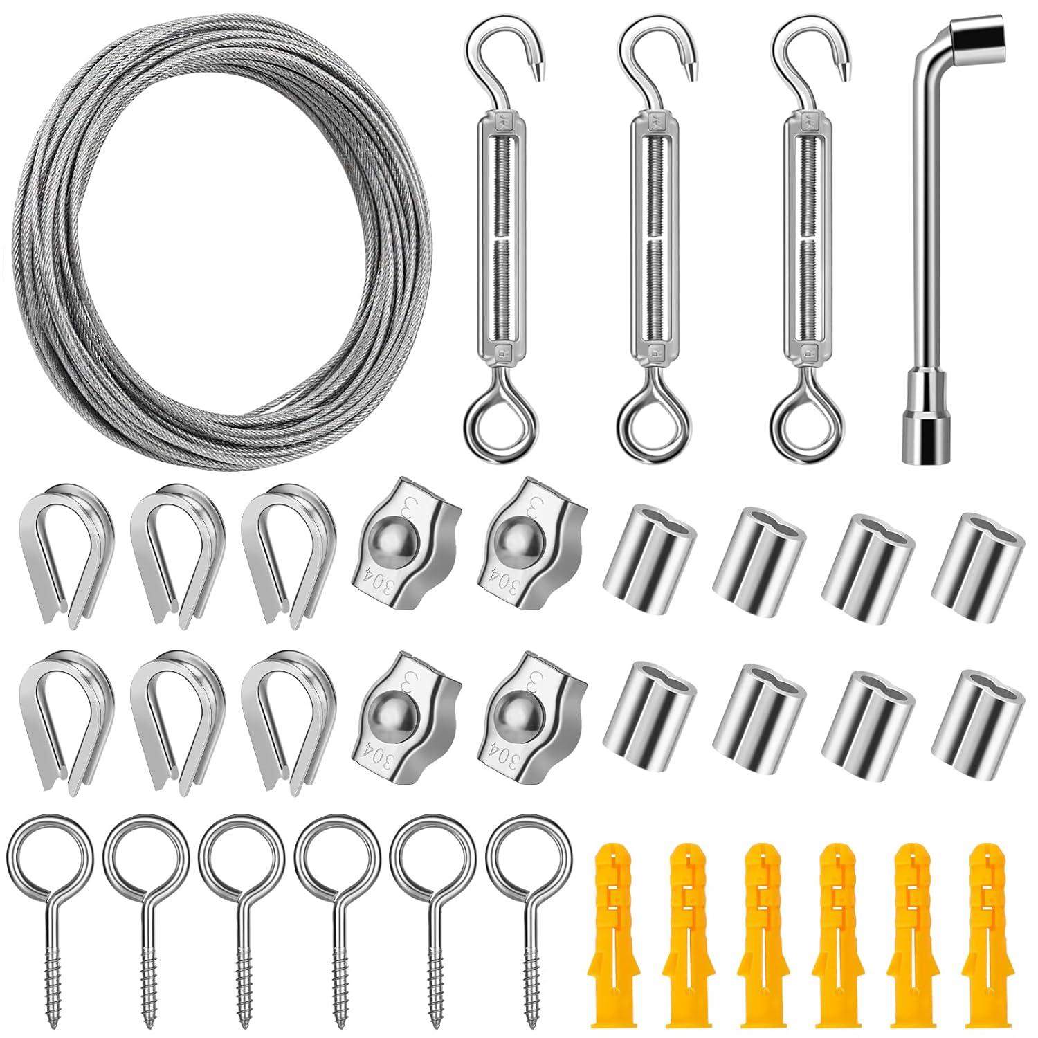 Kit di fune in acciaio inox da 30 m, cavo metallico, cavo in acciaio inox con tenditore e ganci per appendere luci, piante rampicanti, stendibiancheria, ringhiere