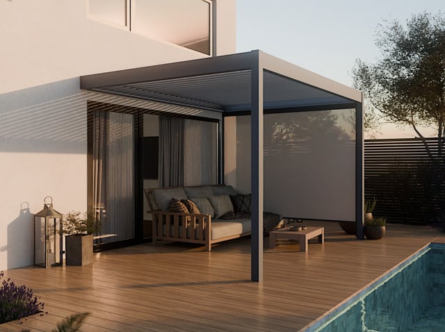 Pergola Bioclimatica addossata in Alluminio 12m² - 3x4m - Tenda laterale inclusa - 29 lamelle in acciaio zincato inclinabili a 90°