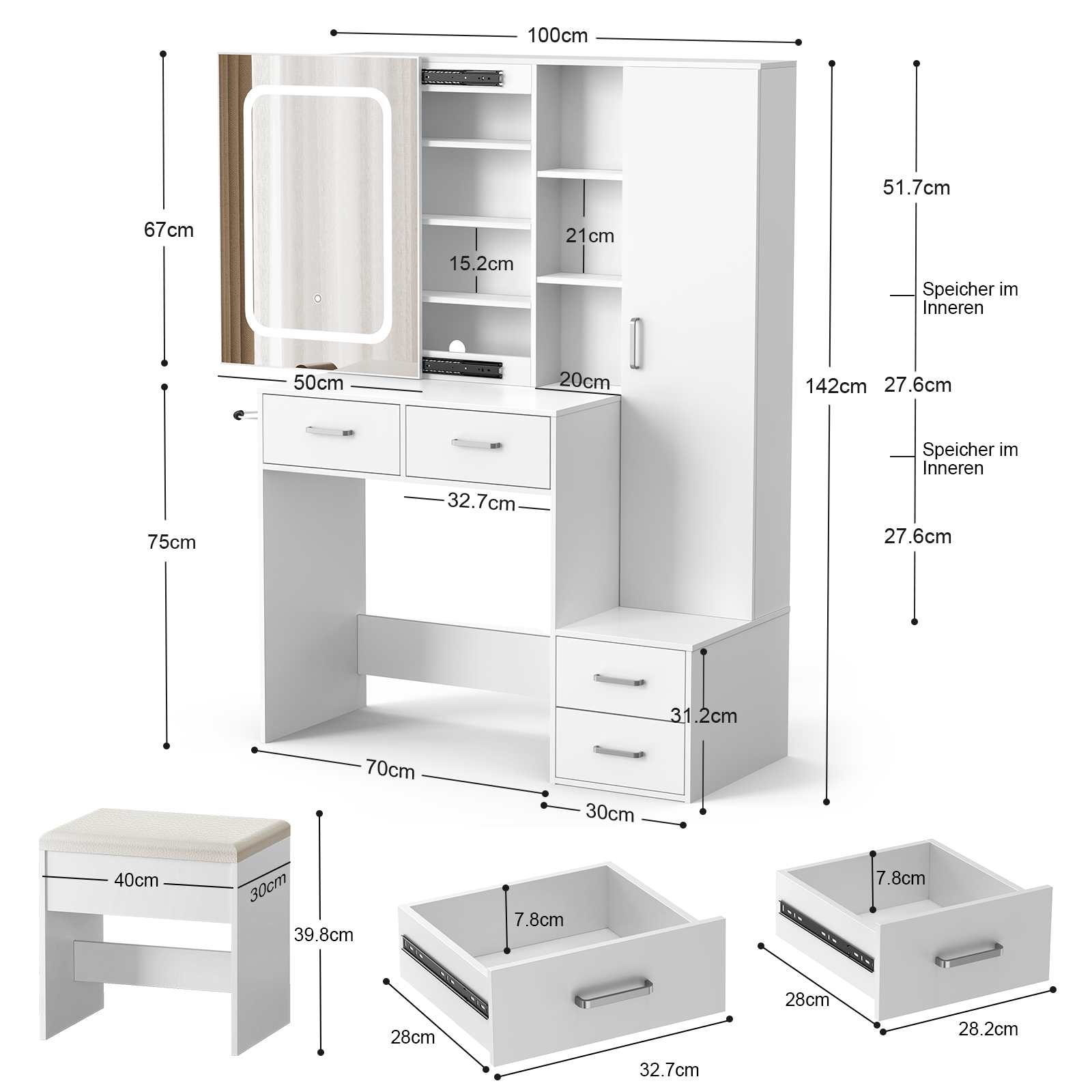 Scrivania da trucco con specchio,mobiletto da trucco con cassetto e ripiani portaoggetti,3modalità di colore disponibili per la camera da letto,bianco - 7