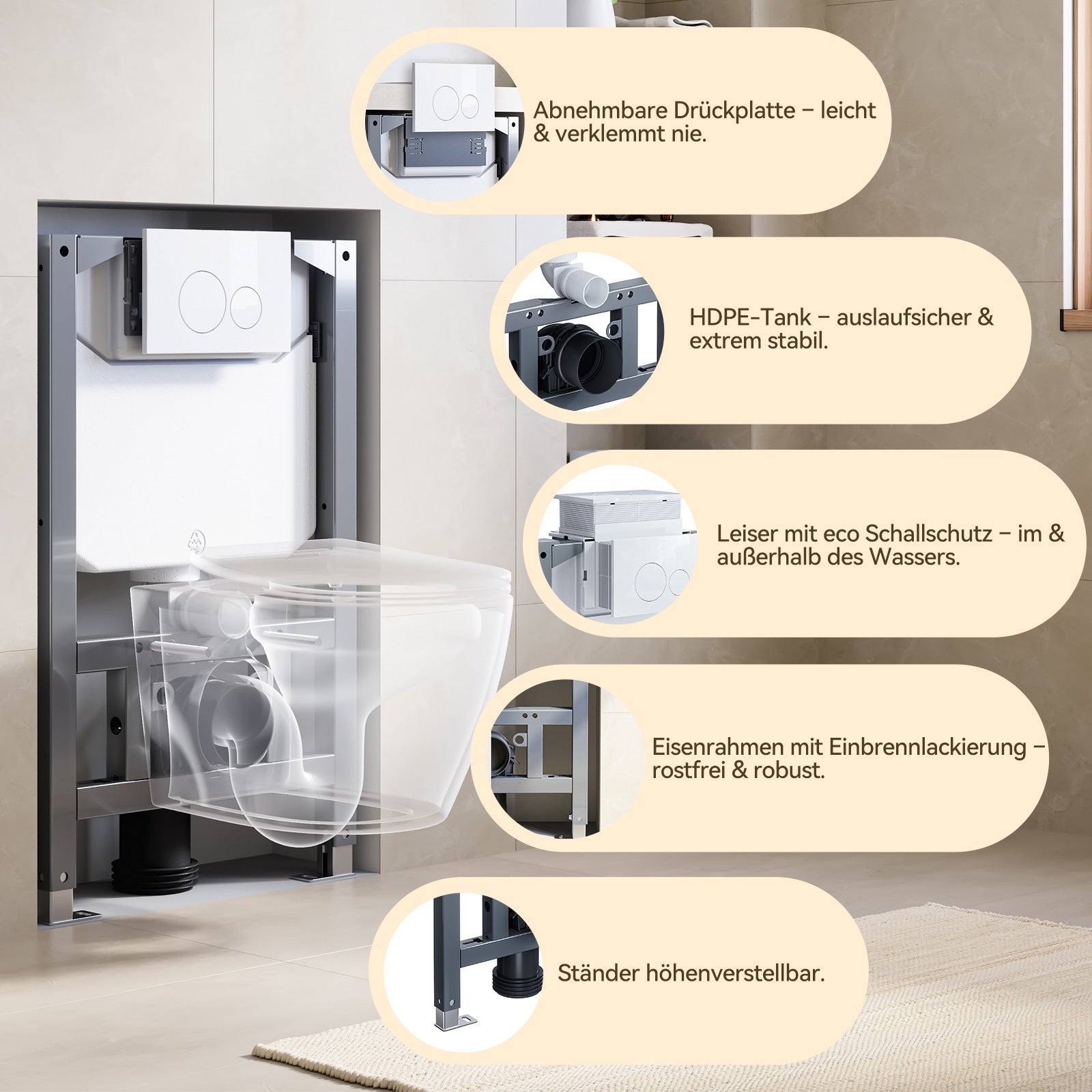 Complet Pack WC Suspendu - 82 cm bâti-support pour WC à réservoir + WC Suspendu + Plaque de déclenchement ronde blanche - 6