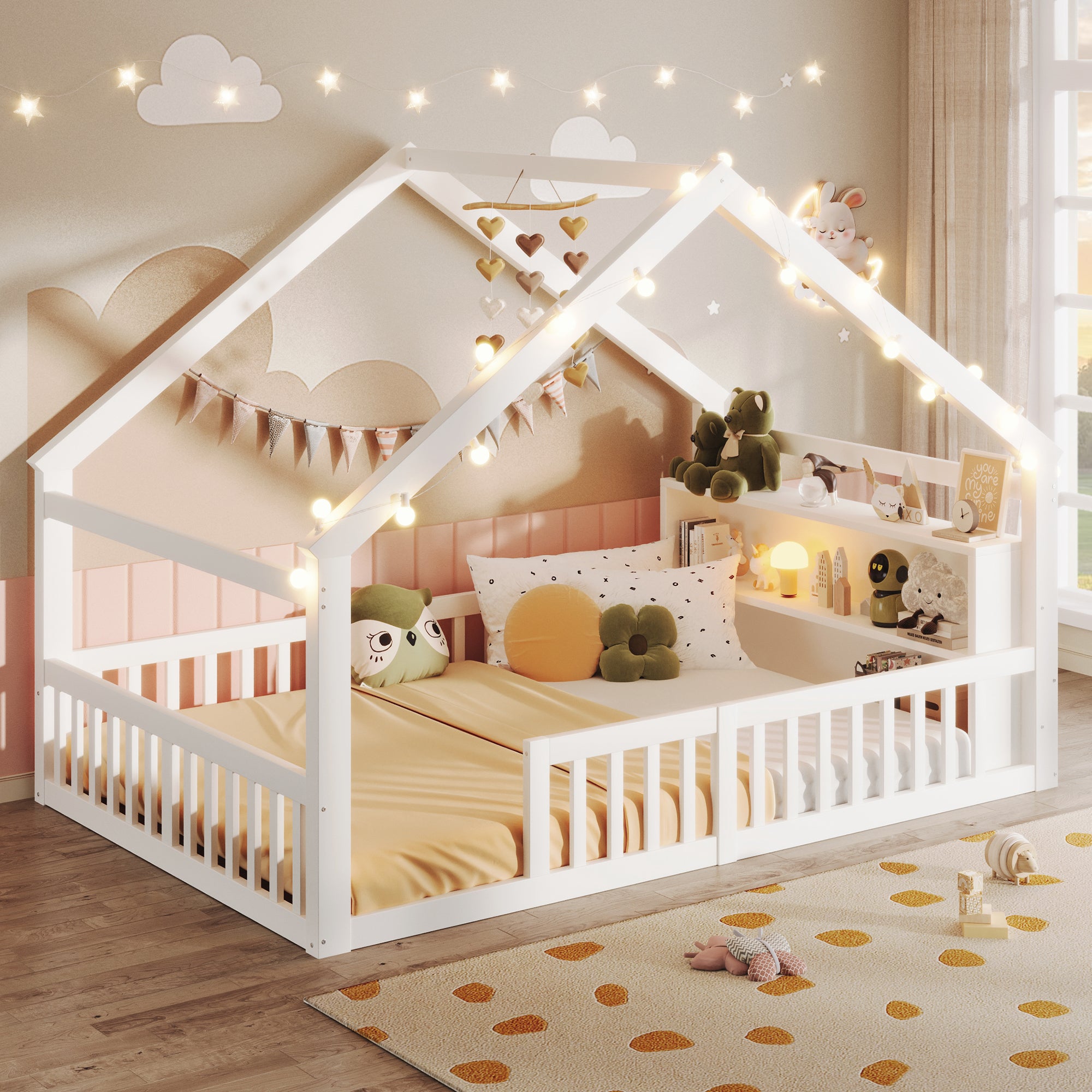 Lit cabane 140 x 190 cm avec barrière et étagères de rangement - Pin + MDF + contreplaqué - Blanc (matelas non inclus) - 4