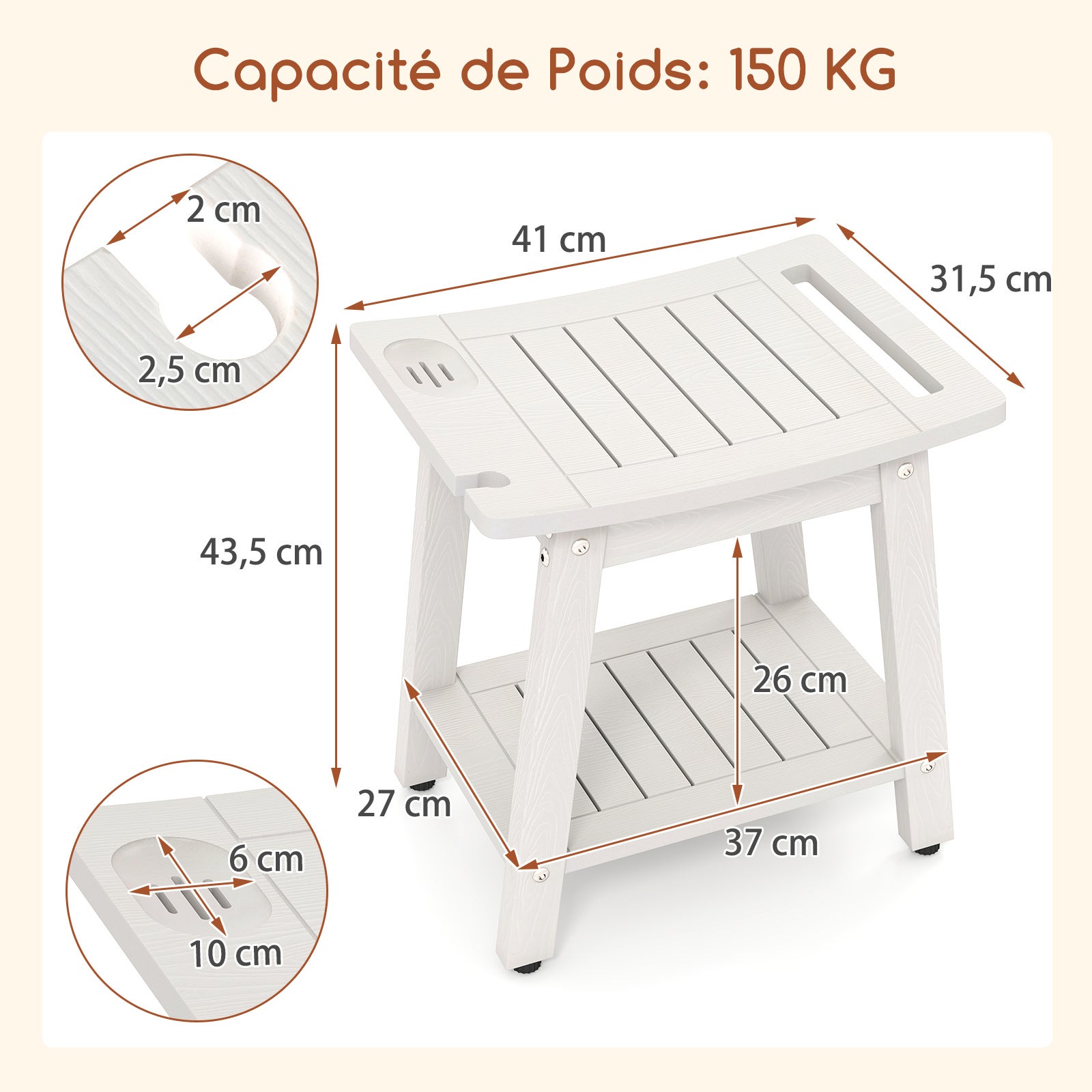 Sgabello da Doccia 41 x 31,5 x 43,5 cm, Mobile bagno in HIPS con