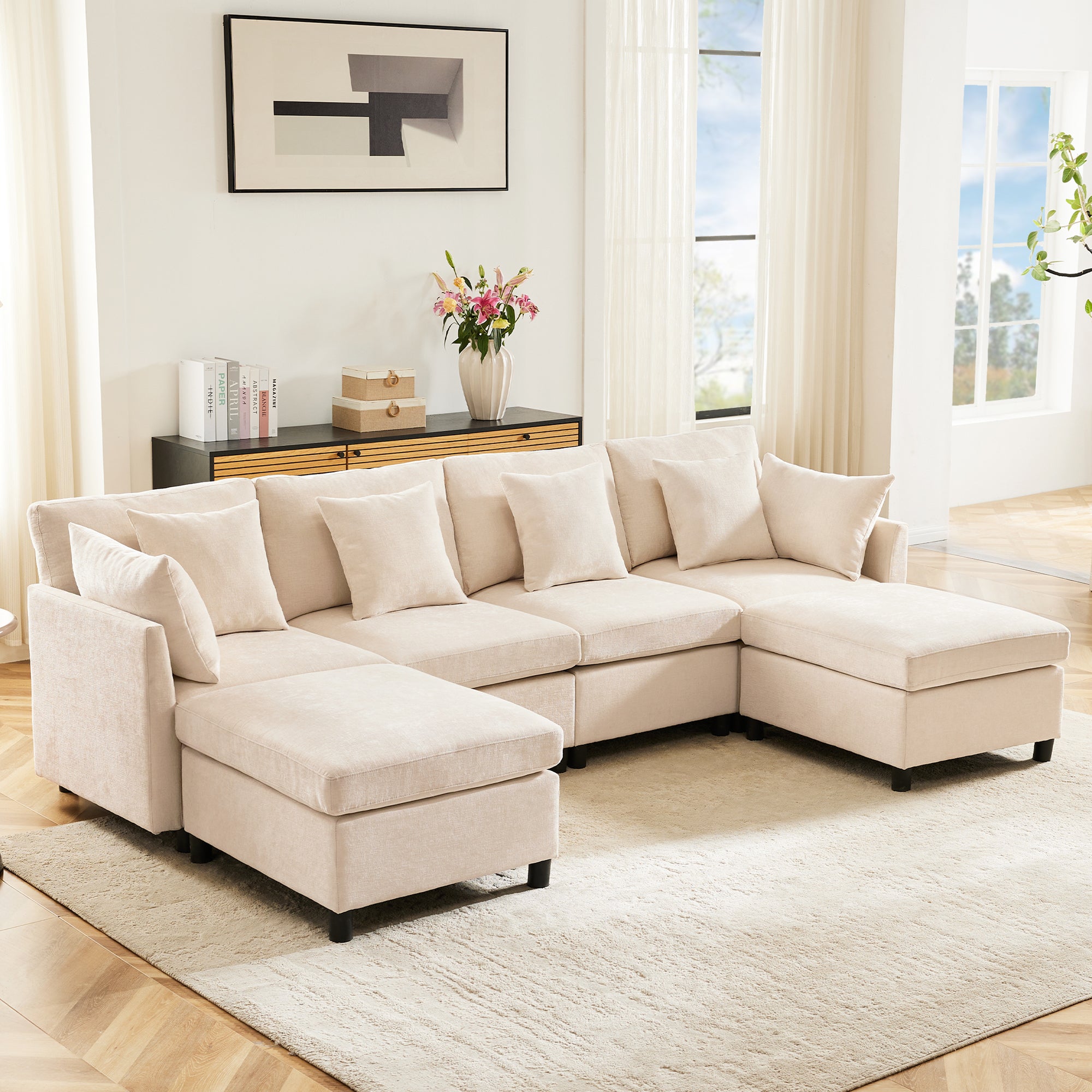 Canapé d'angle 4 places moderne avec repose-pieds - 278 x 161 x 81 cm - Tissu en chenille - Beige - 4