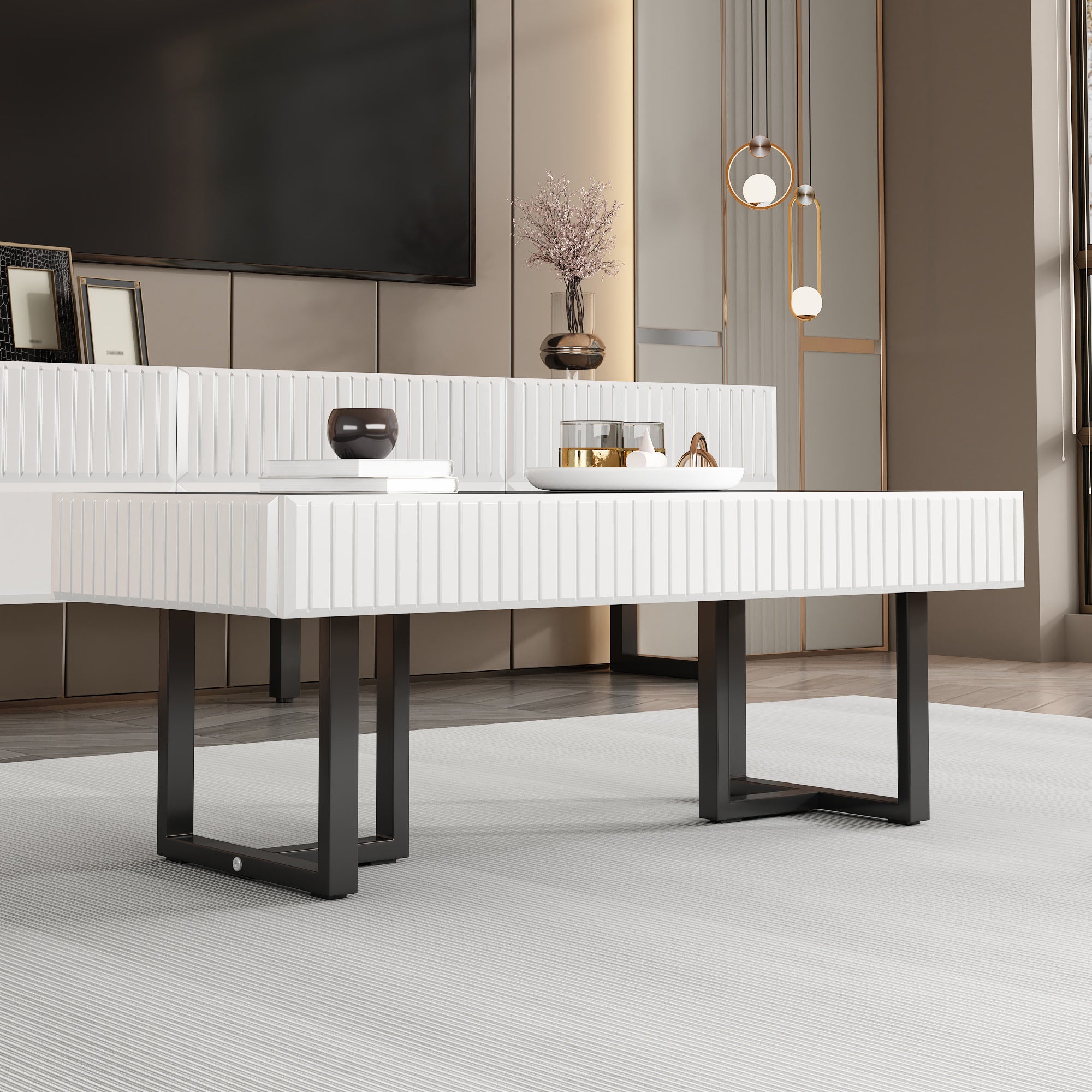 Stolik kawowy prostokątny - 110 x 50,5 x 41 cm - Płyta wiórowa, MDF i metalowe nogi - Biały + Blat w kolorze czarnym błyszczącym - 9