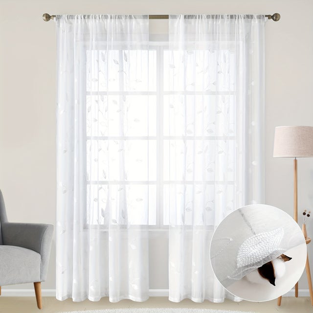 1pc Tenda in Tulle Con Foglie Ricamate 132x213cm, Tenda Floreale Semitrasparente Per Camera Da Letto E Soggiorno, Bianco