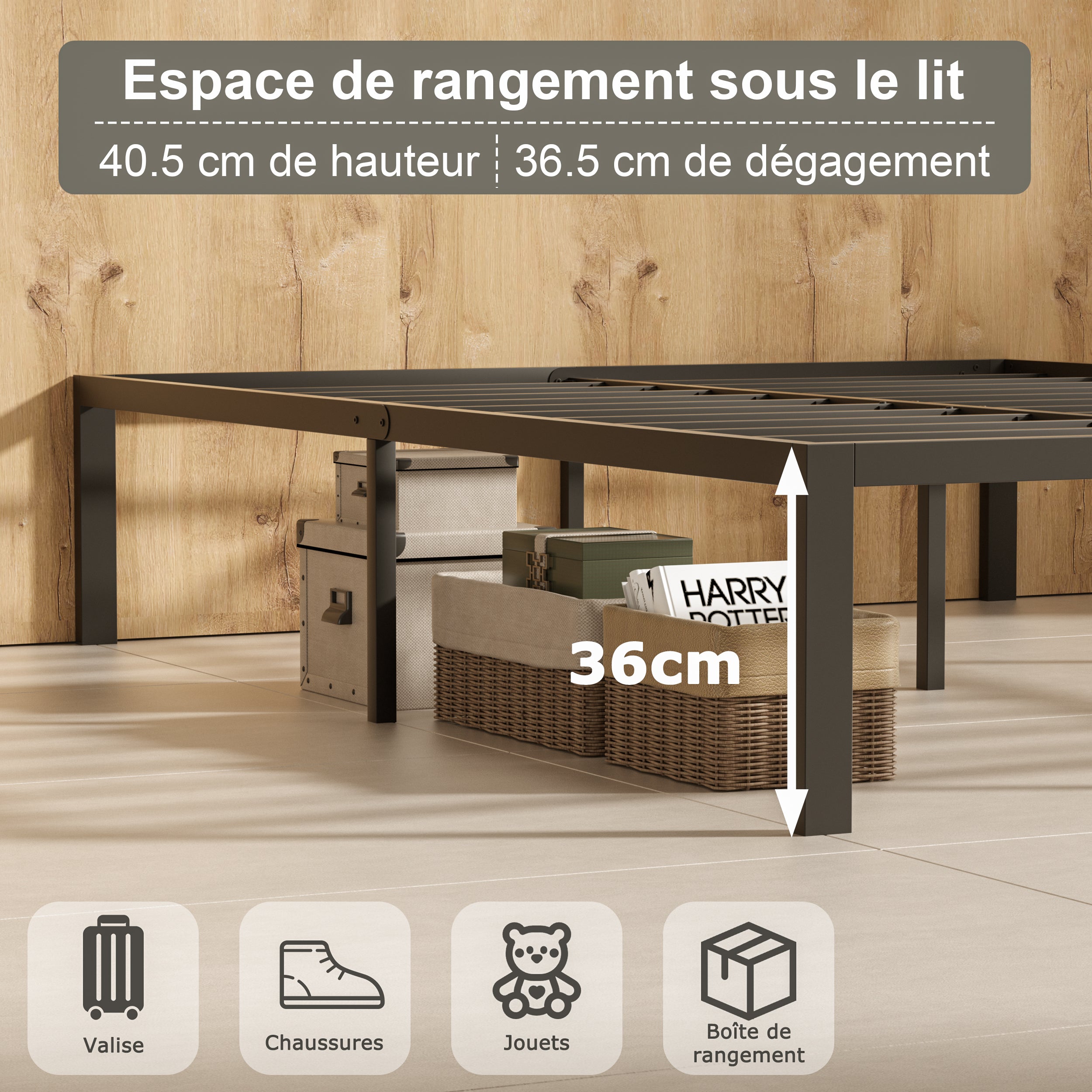 TEENO Lit en Métal 140x190cm, Noir - 4